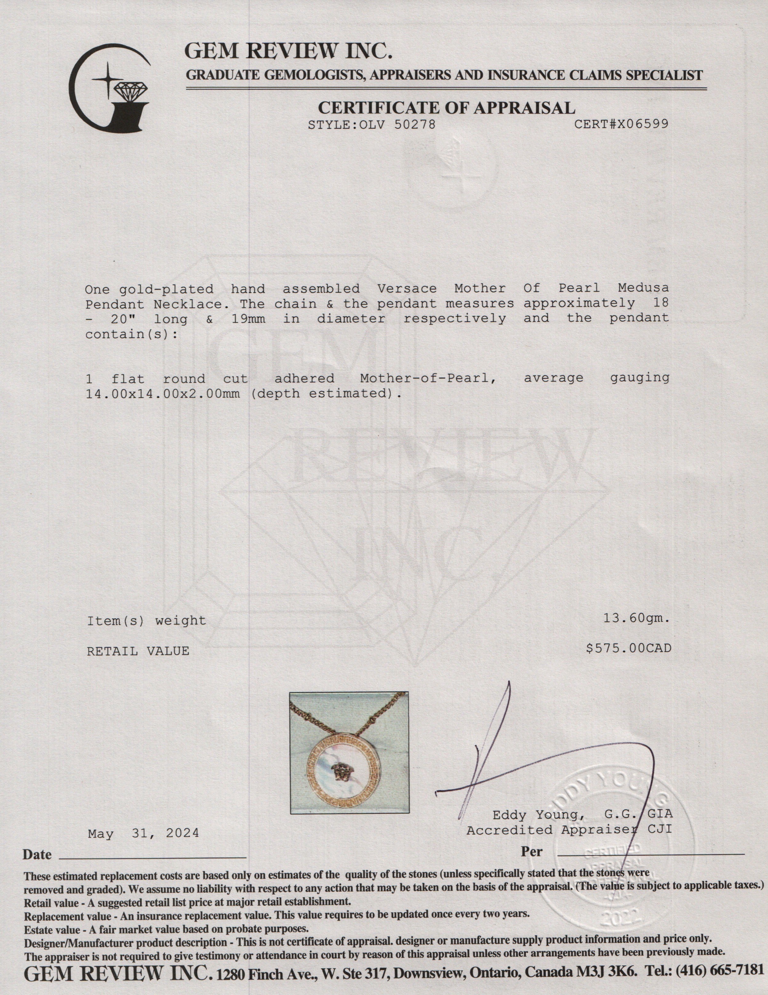 Versace Gold Plated Mother Of Pearl Medusa Pendant Necklace w/ Box