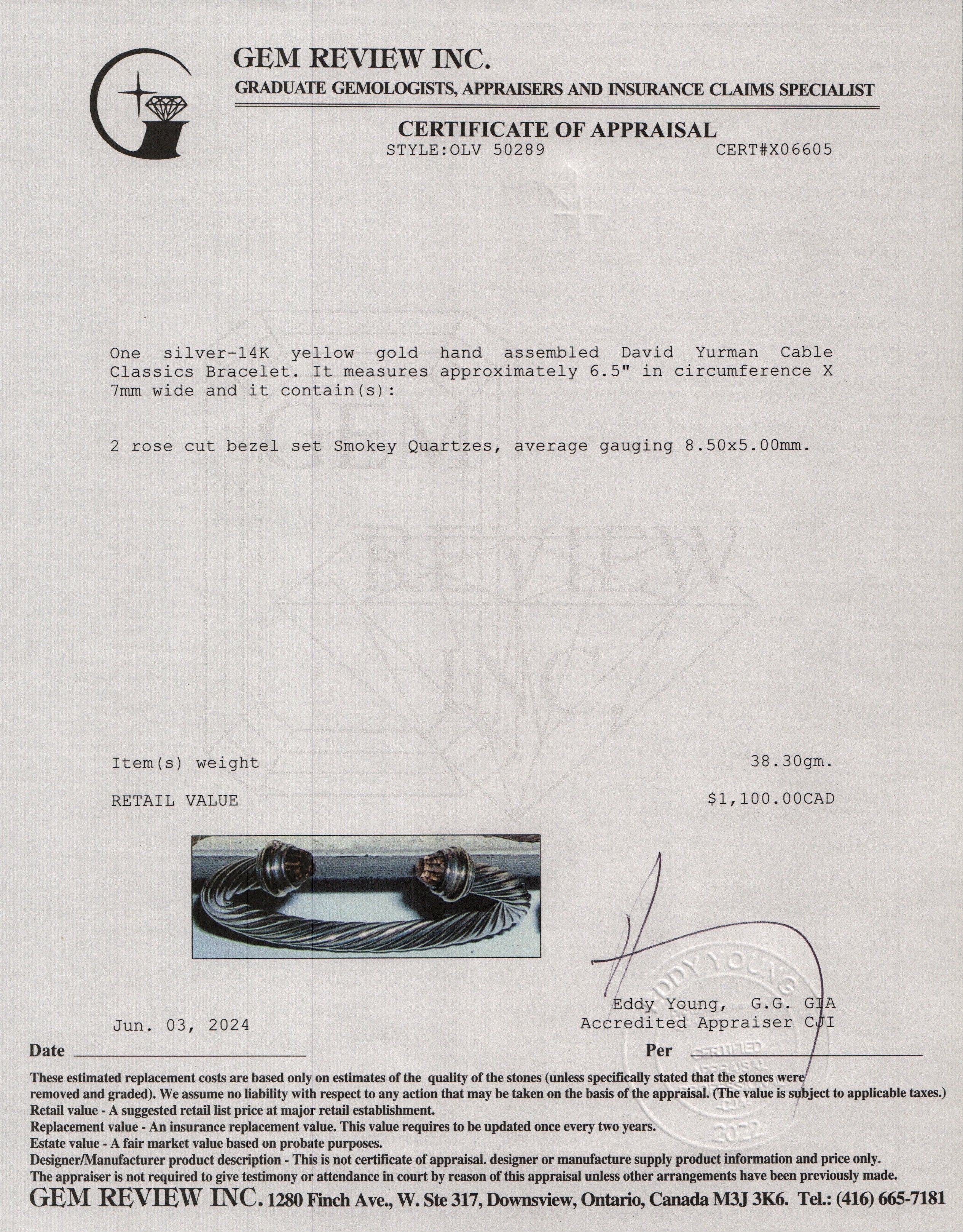 David Yurman Sterling Silver & 14k Yellow Gold Smoky Quartz 7 MM Cable Classics Bracelet