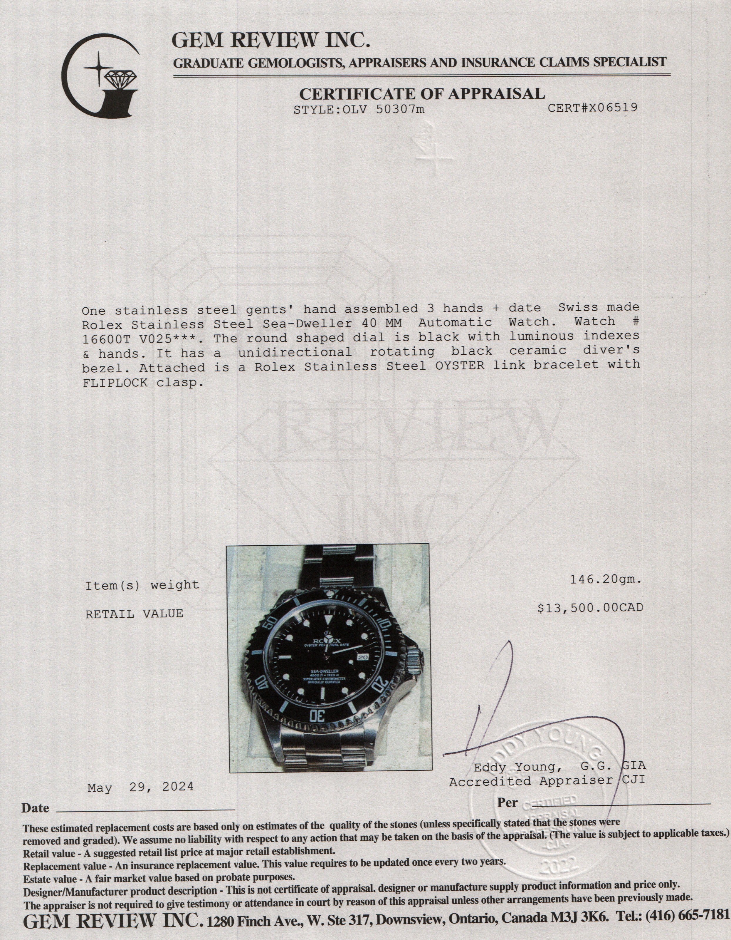 Rolex Stainless Steel Sea-Dweller 40 MM Automatic Watch 16600T