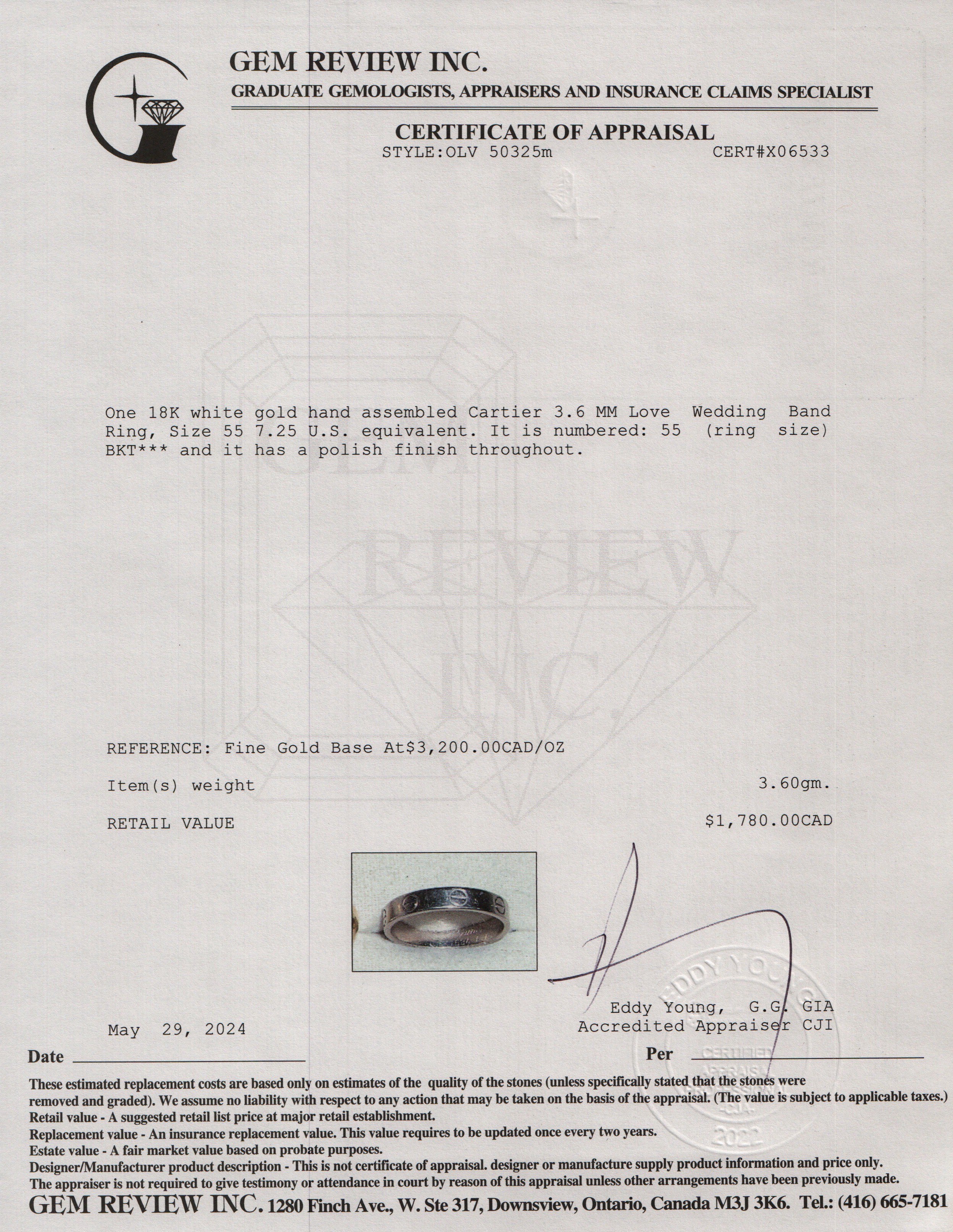 Cartier 18k White Gold 3.6 MM Love Wedding Band Ring, Size 55 7.25 w/ Receipt & Certificate