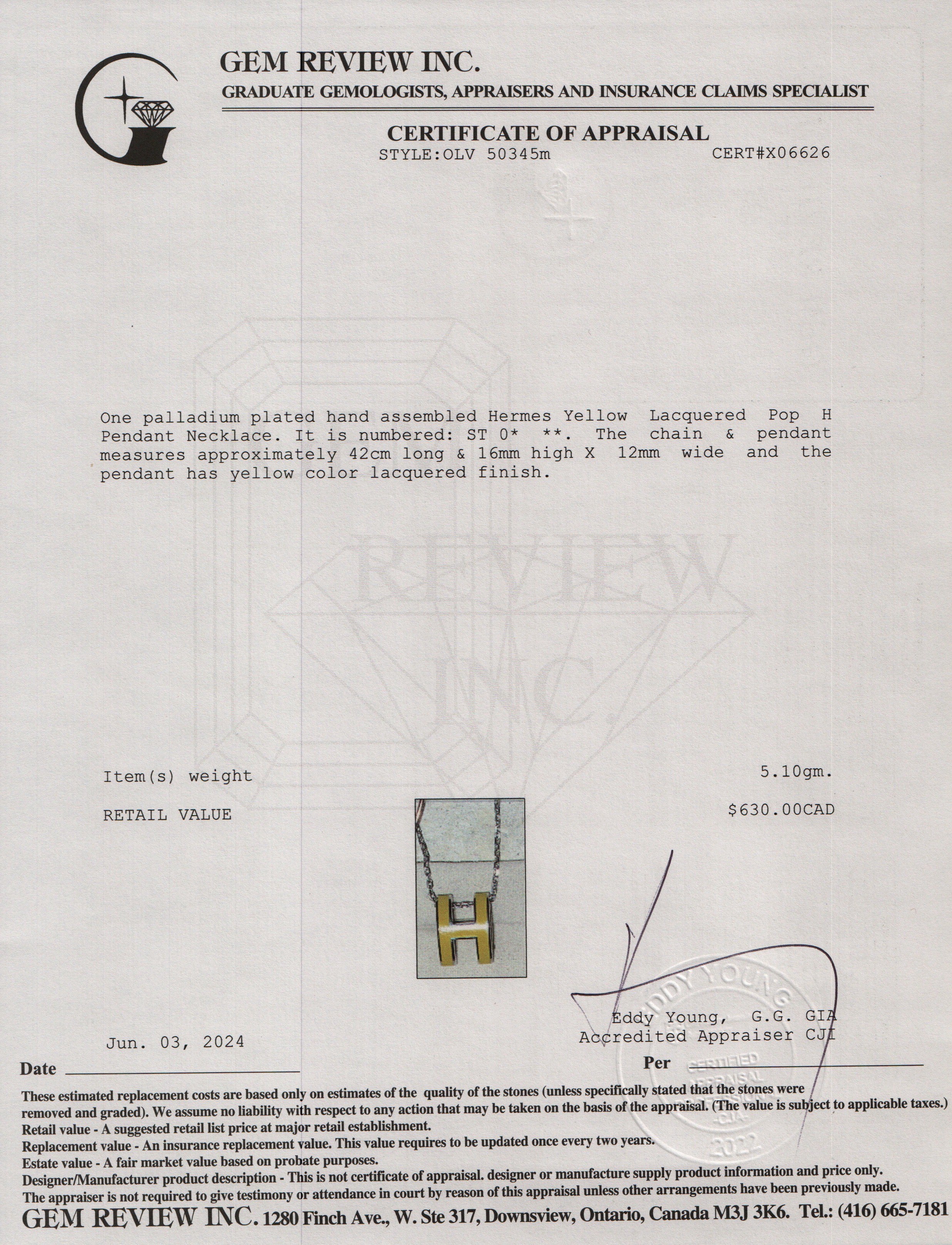 Hermes Palladium-Plated Yellow Lacquered Pop H Pendant Necklace w/ Box