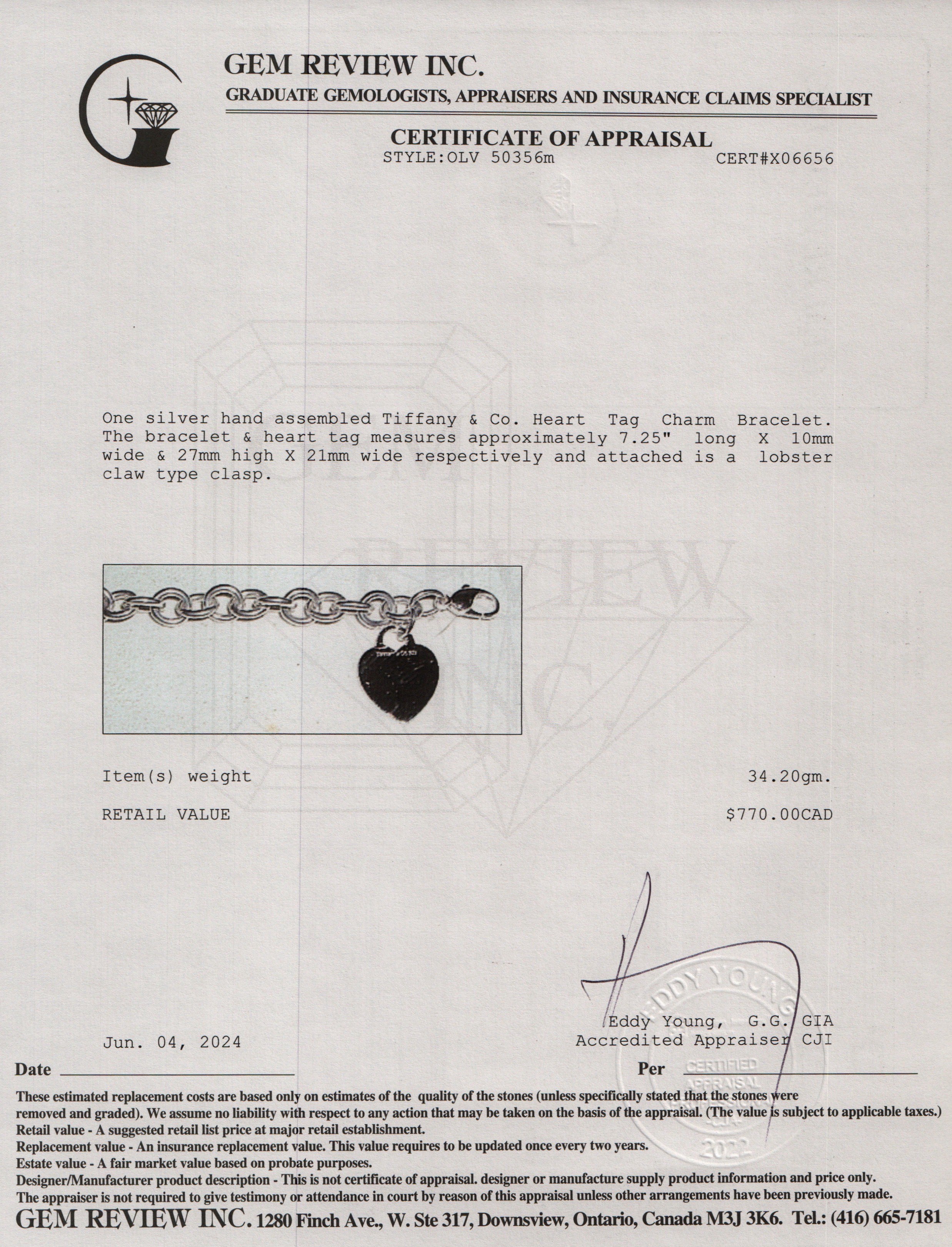 Tiffany & Co. Sterling Silver Heart Tag Charm Bracelet