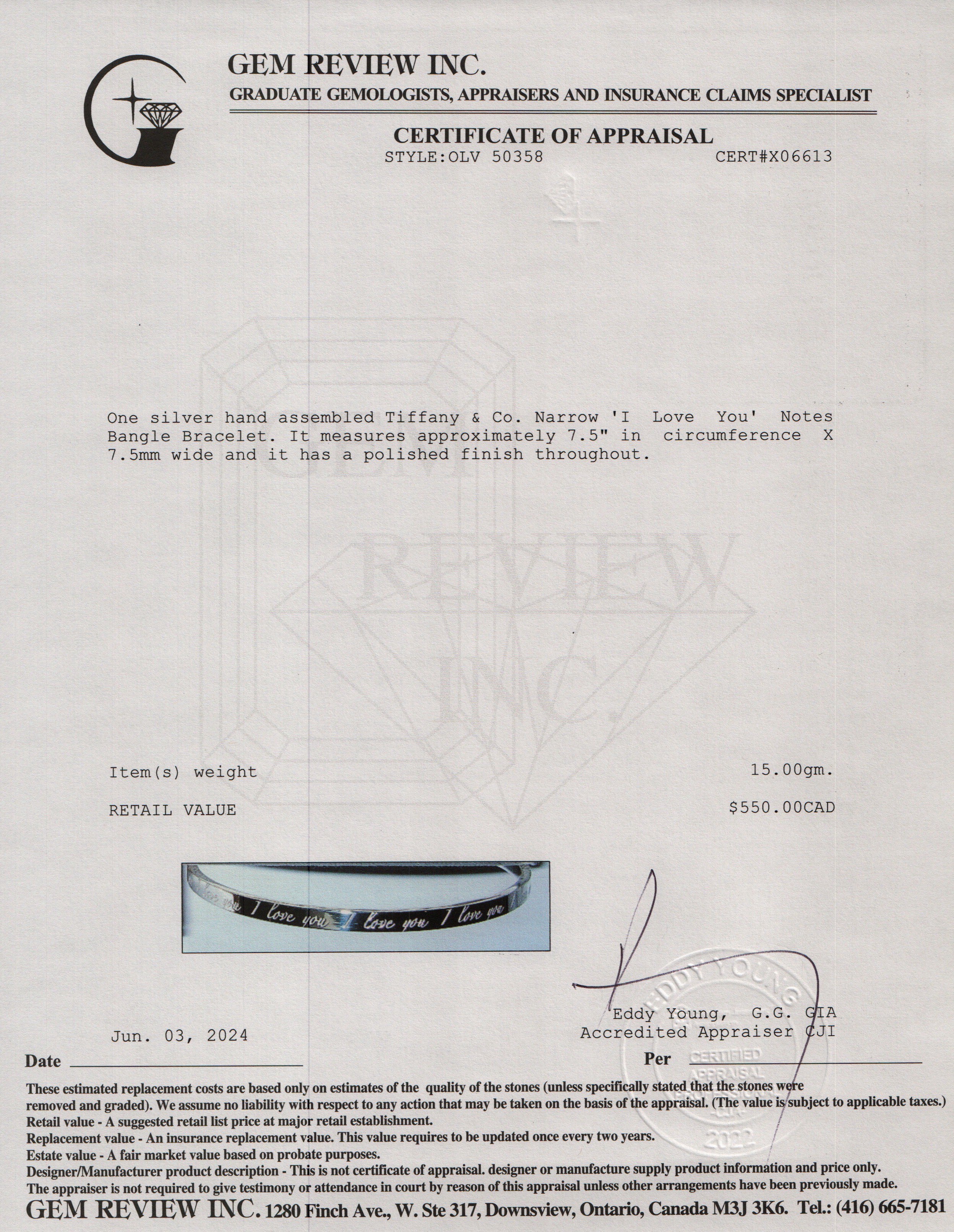 Tiffany & Co. Sterling Silver Narrow 'I Love You' Notes Bangle Bracelet