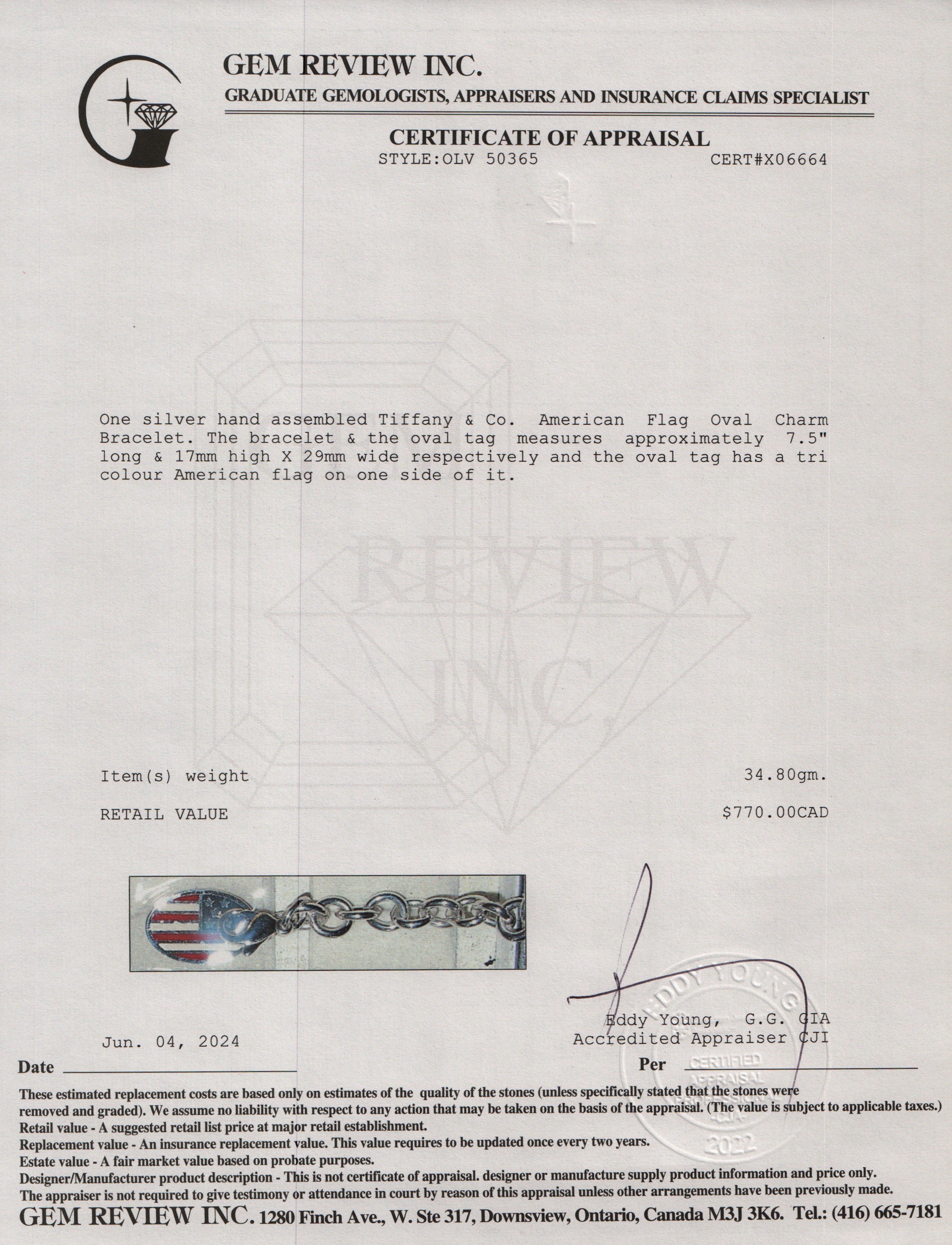 Tiffany & Co. Sterling Silver American Flag Oval Charm Bracelet