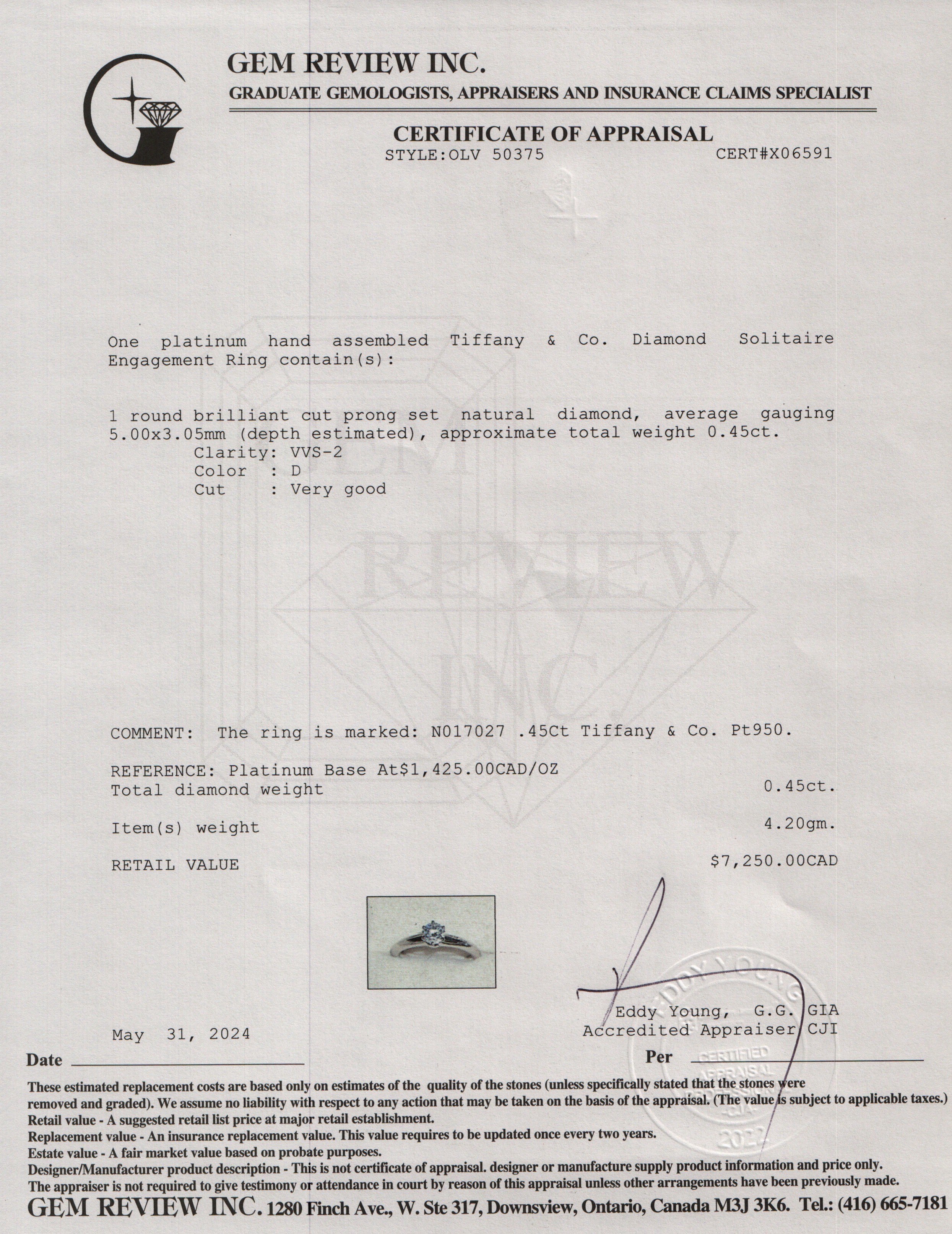 Tiffany & Co. Platinum 0.45 ct. Diamond Solitaire Engagement Ring, Size 5.25 w/ Box & Certificate