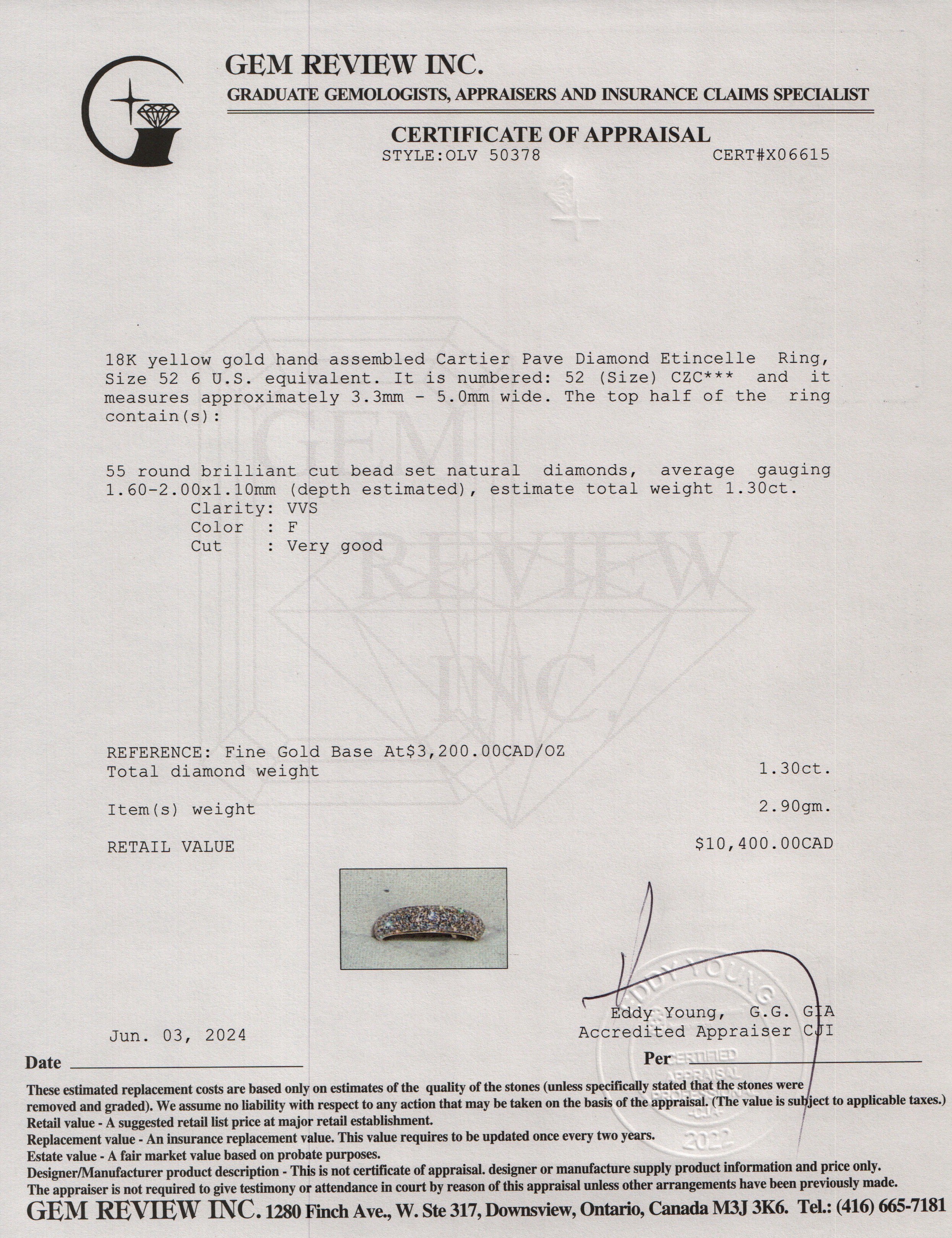 Cartier 18k Yellow Gold Pave Diamond Etincelle Ring, Size 52 6 w/ Box, Receipt & Certificate