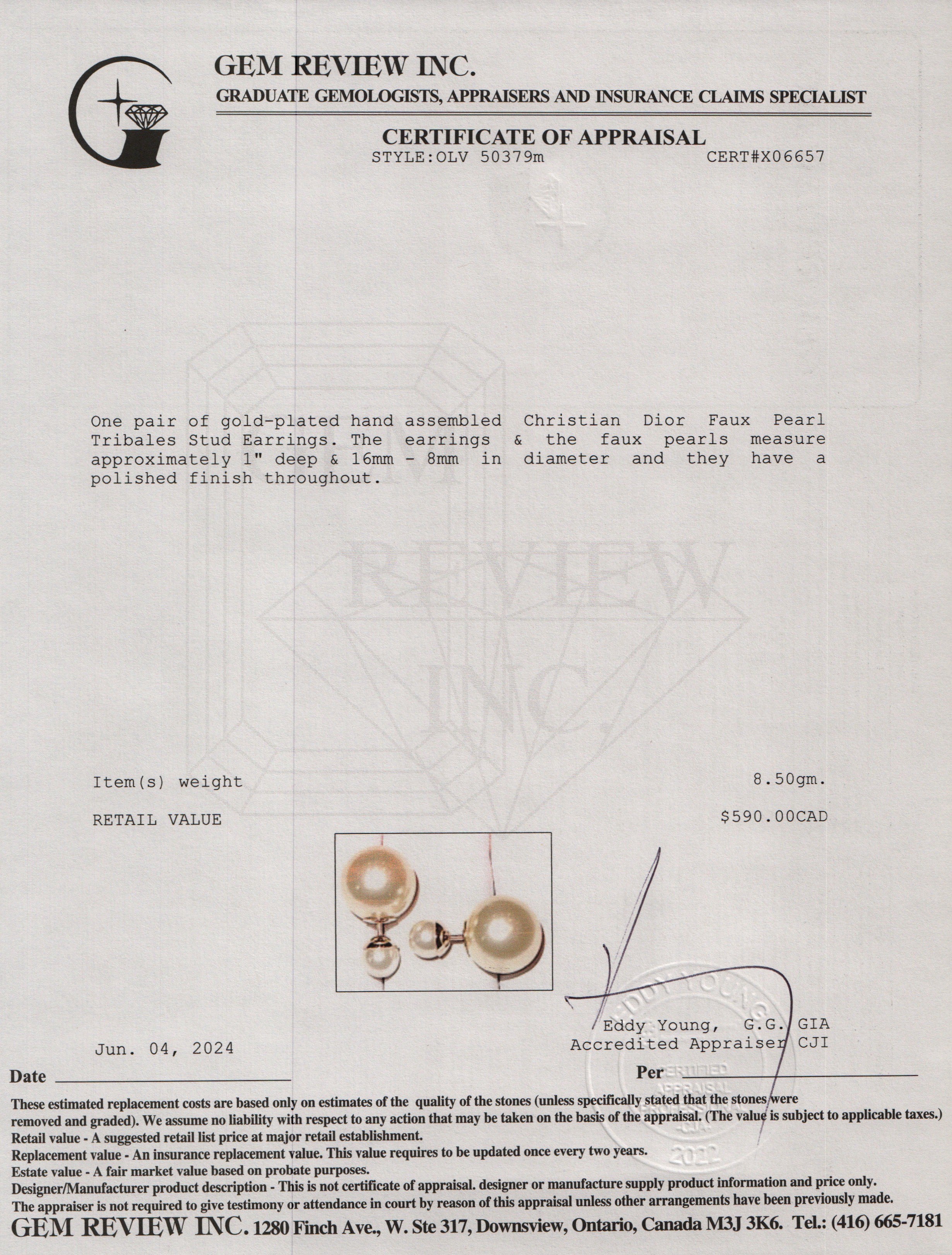 Christian Dior Gold Plated Faux Pearl Tribales Stud Earrings