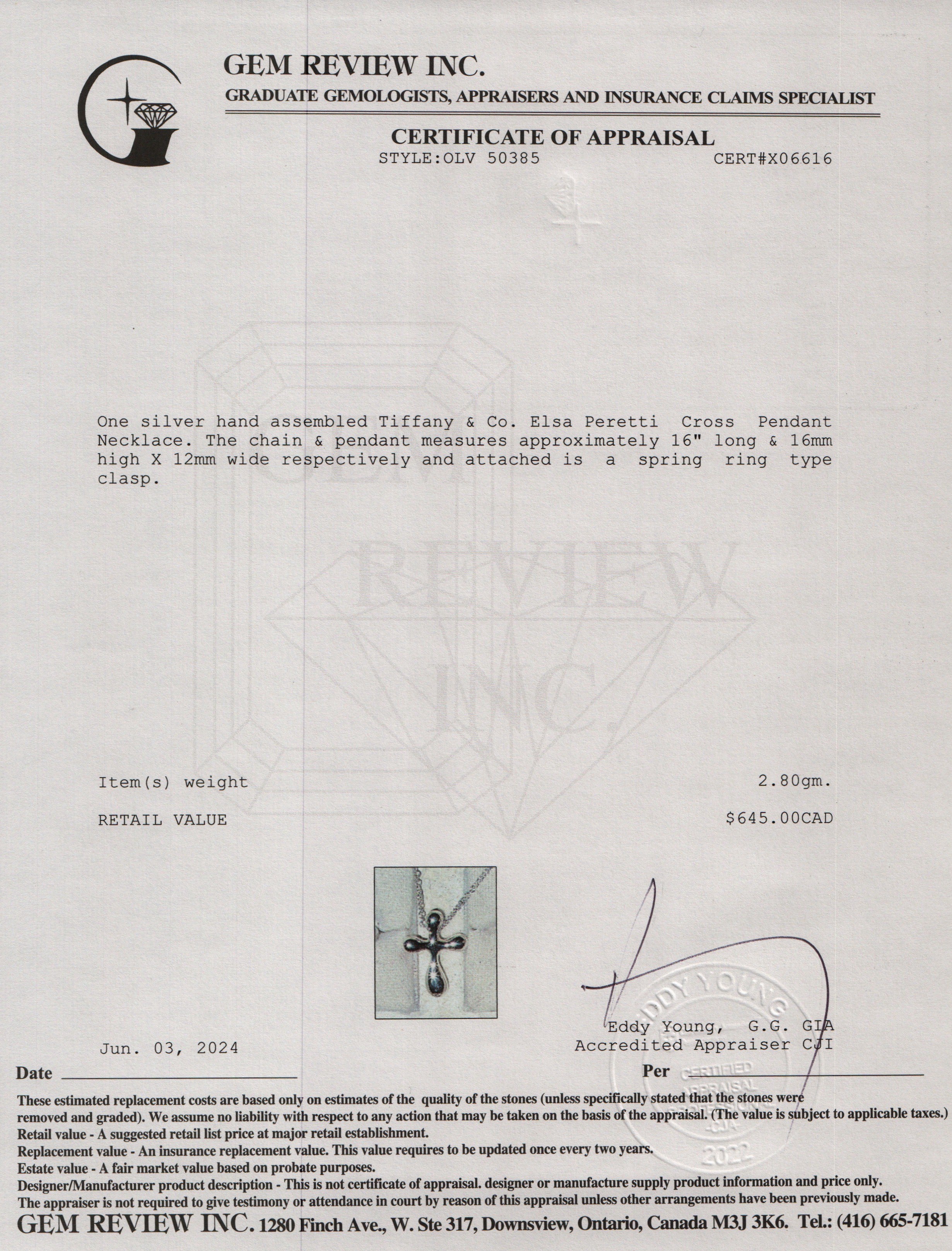 Tiffany & Co. Elsa Peretti Sterling Silver Cross Pendant Necklace