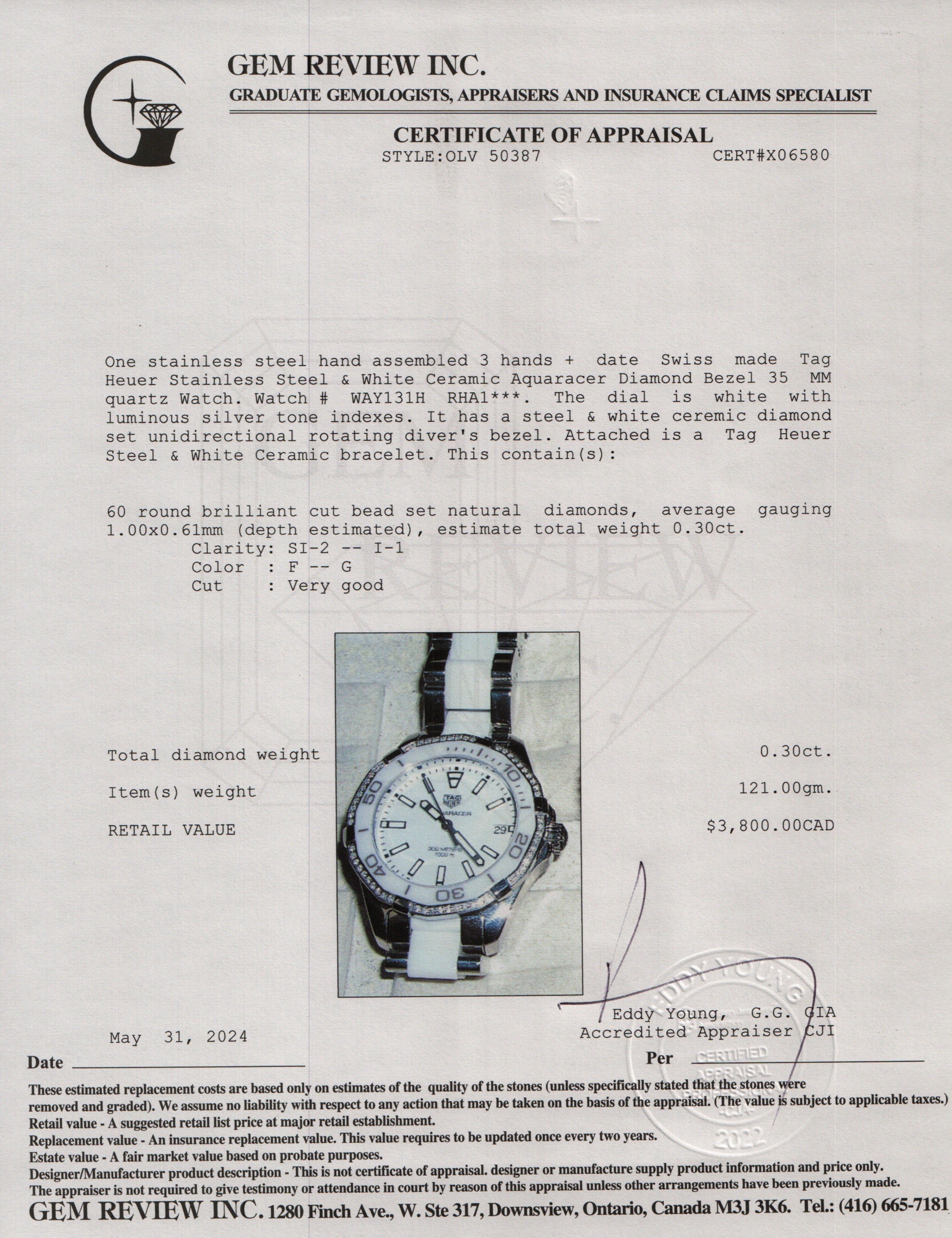 Tag Heuer Stainless Steel & White Ceramic Aquaracer Diamond Bezel 35 MM Watch WAY131H w/ Box & Papers