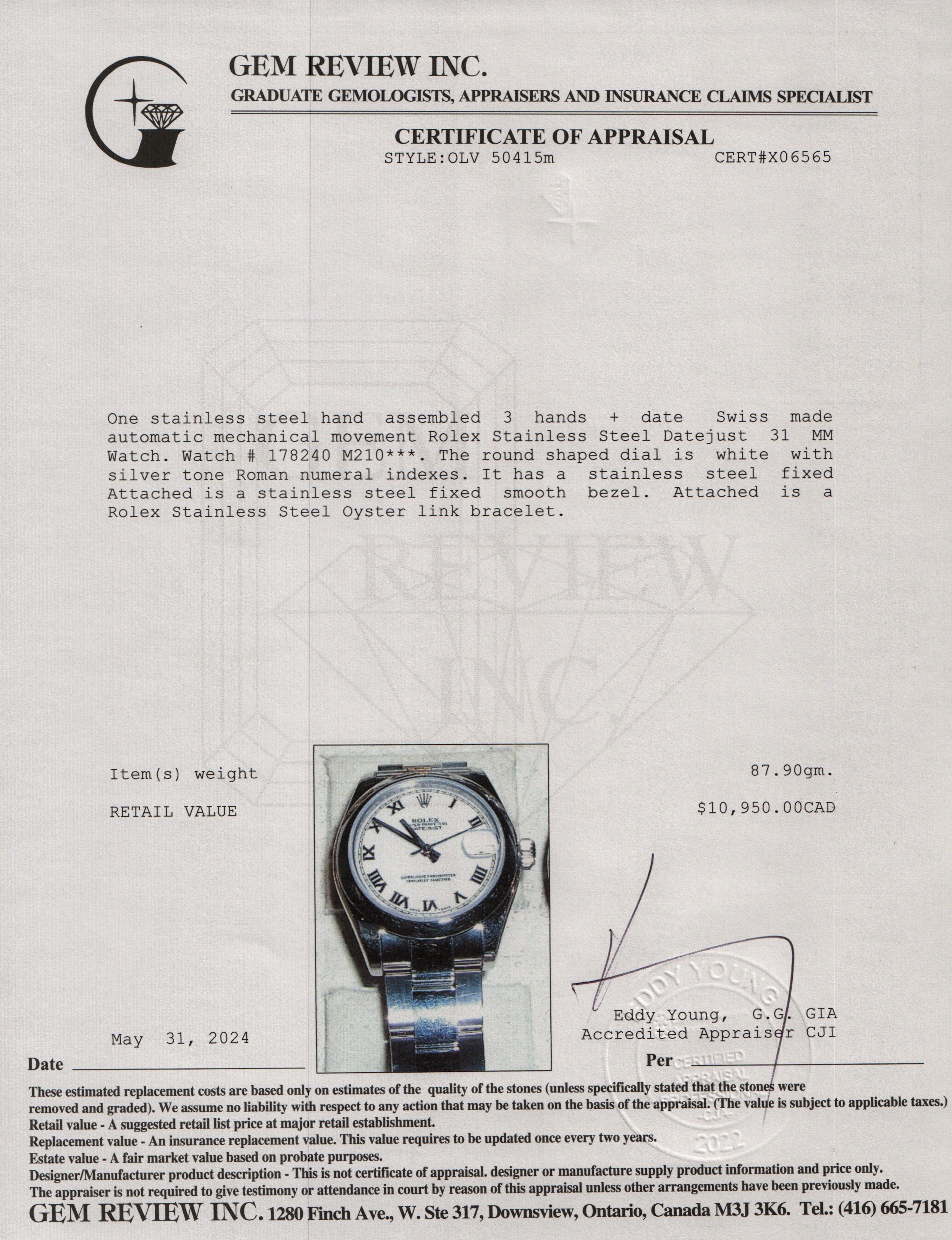 Rolex Stainless Steel Datejust 31 MM Watch 178240 w/ Box & Papers