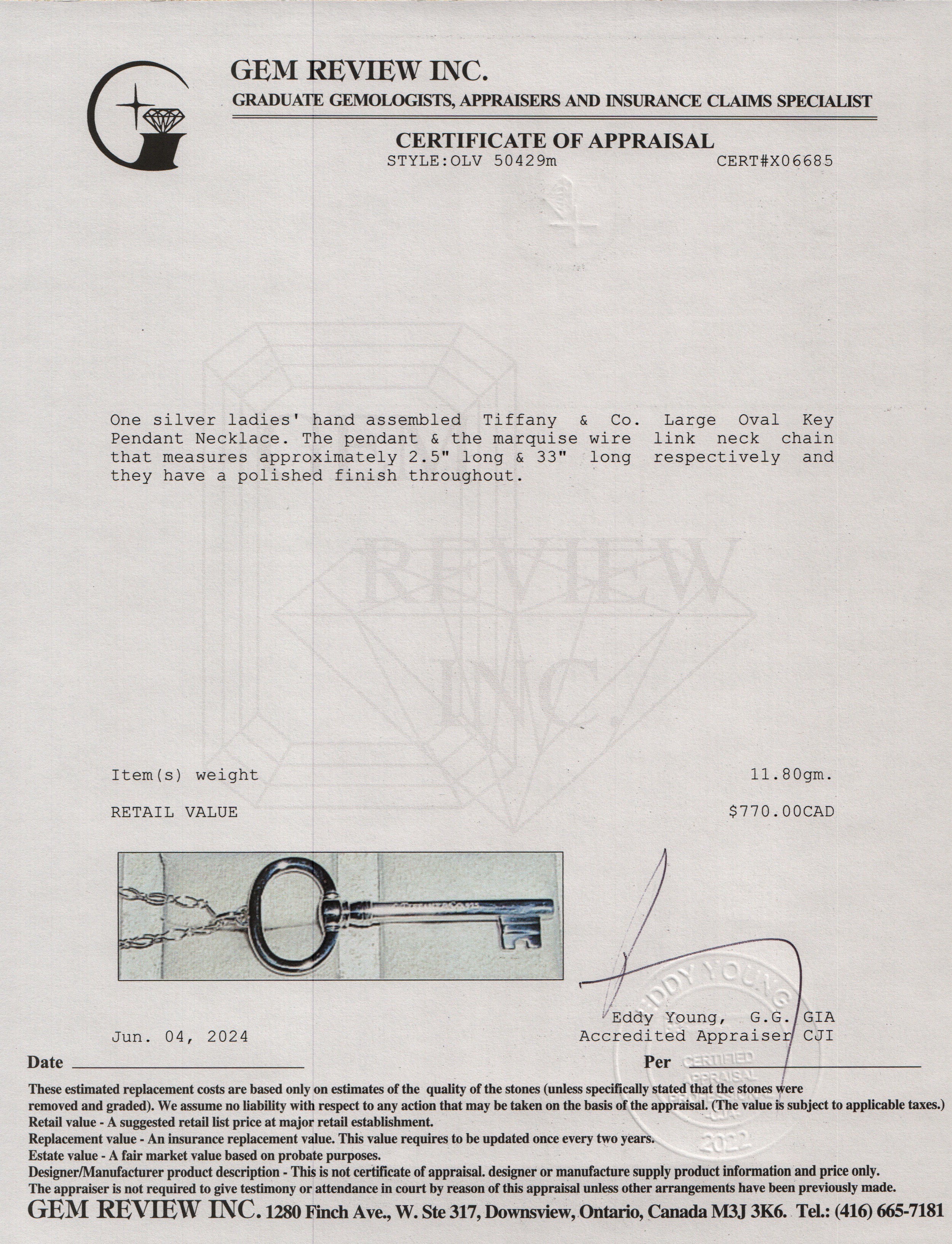 Tiffany & Co. Sterling Silver Large Oval Key Pendant Necklace