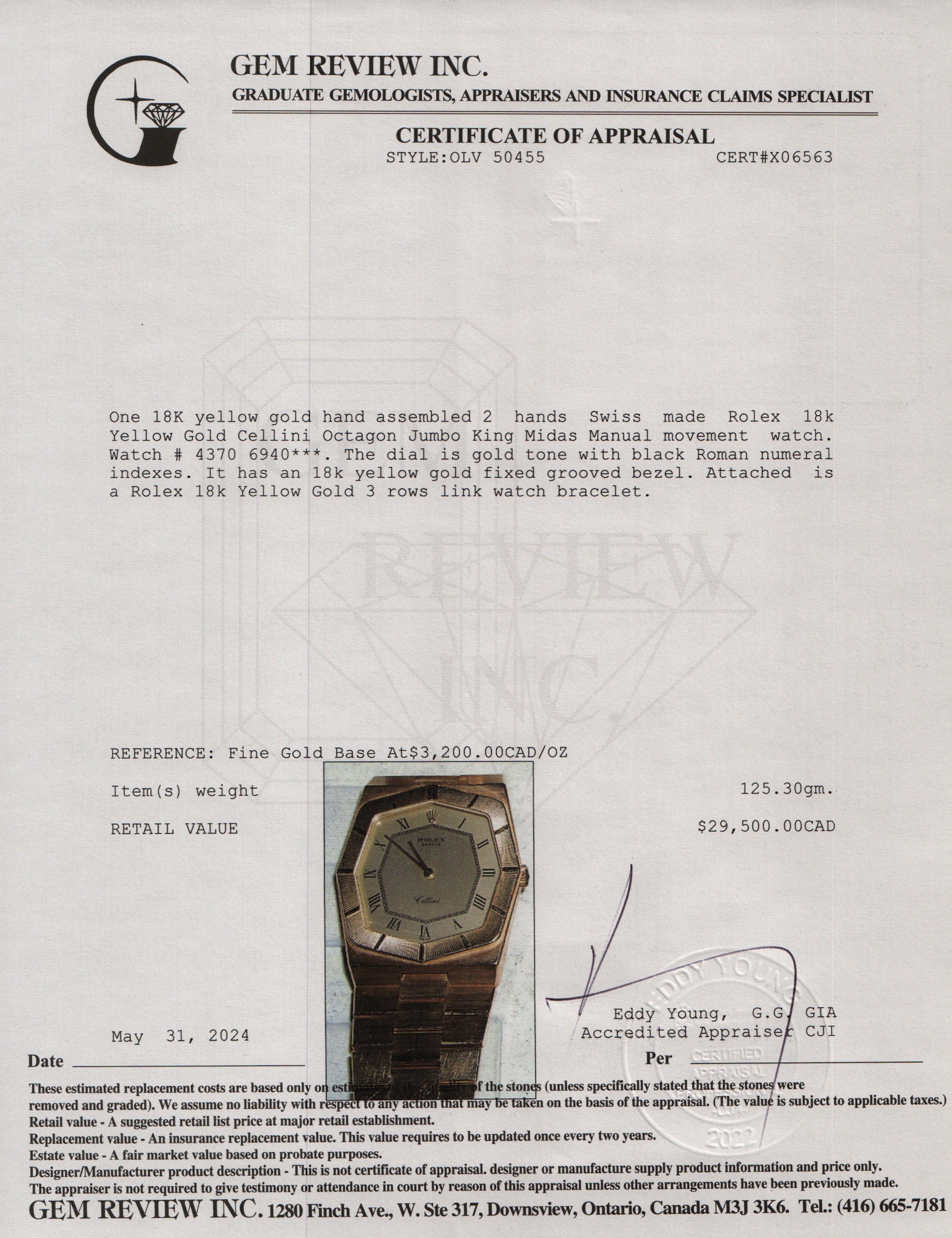 Rolex 18k Yellow Gold Cellini Octagon Jumbo King Midas Watch 4370