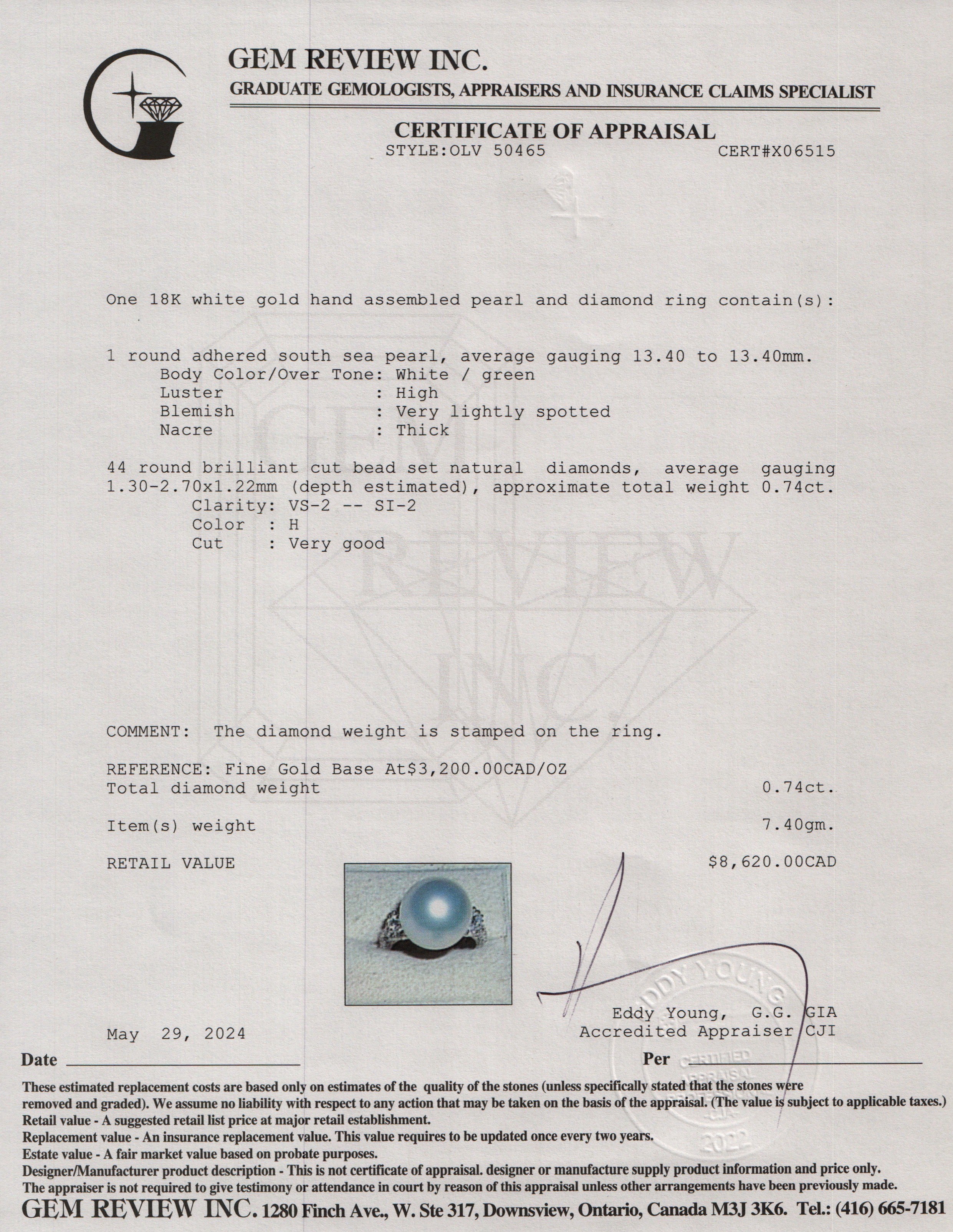 18k White Gold Pearl & Diamond Ring, Size 5.75