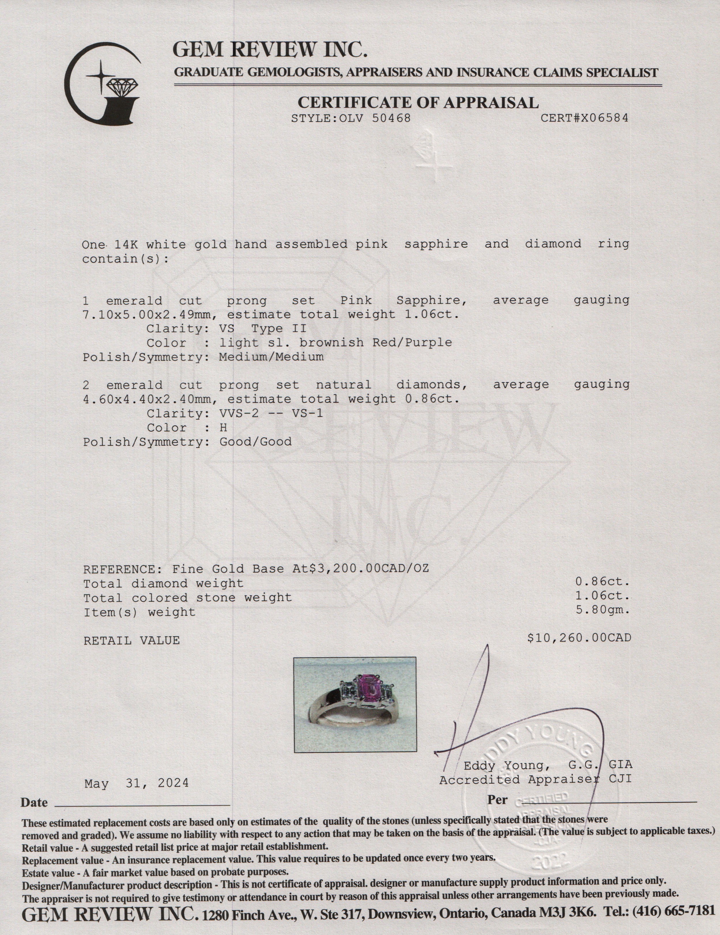 14k White Gold Pink Saphire & Diamond Three-Stone Ring, Size 8