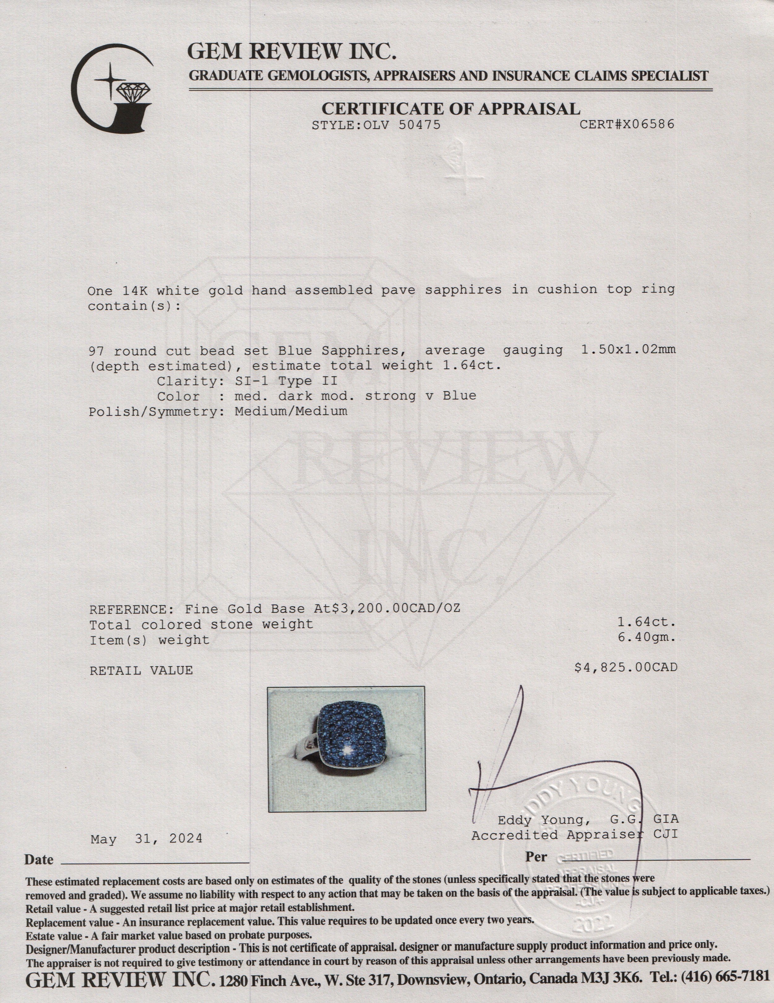 14k White Gold Pave Blue Sapphire Cushion Top Ring, Size 7.5