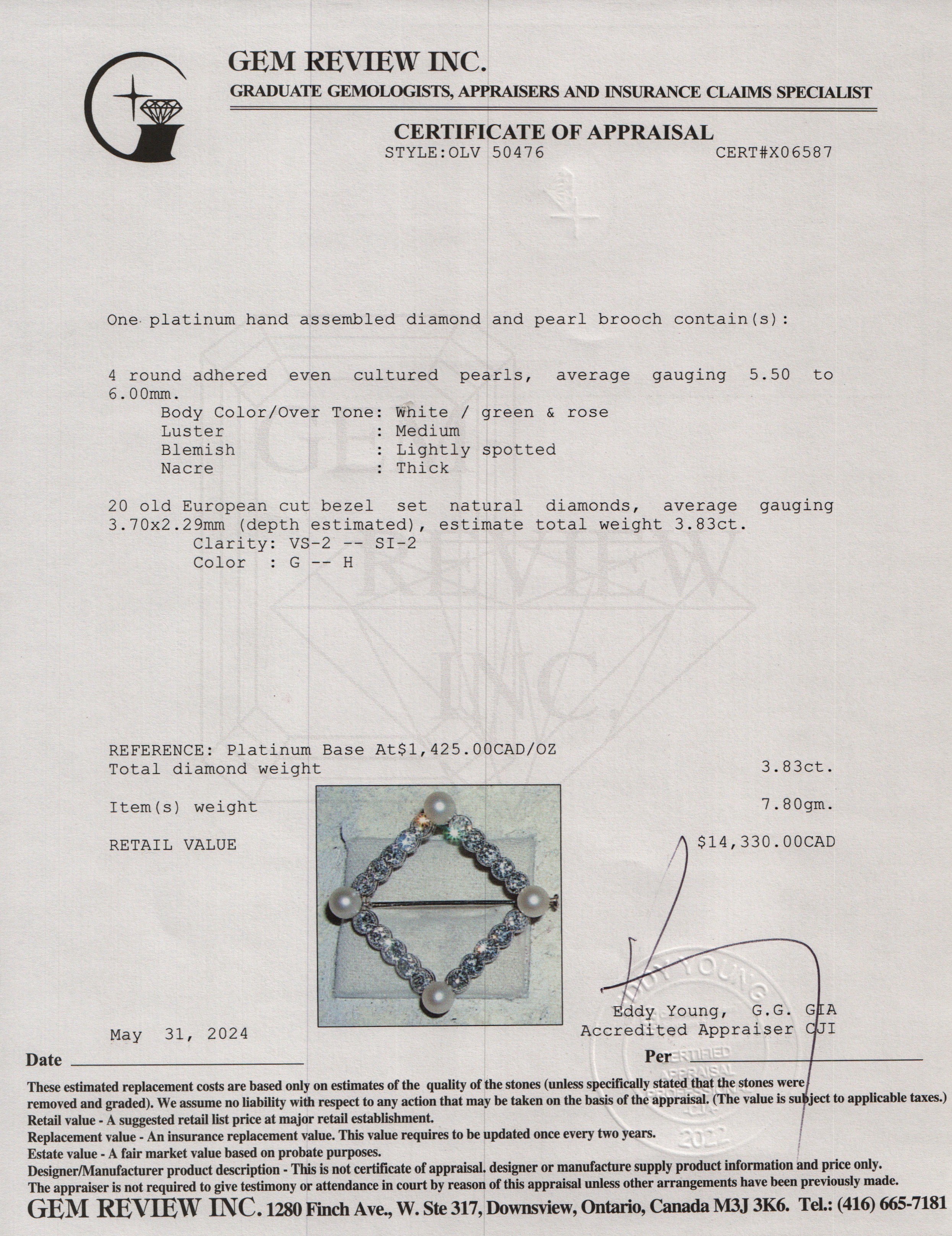 Antique Platinum Diamond & Pearl Pin Brooch w/ Box