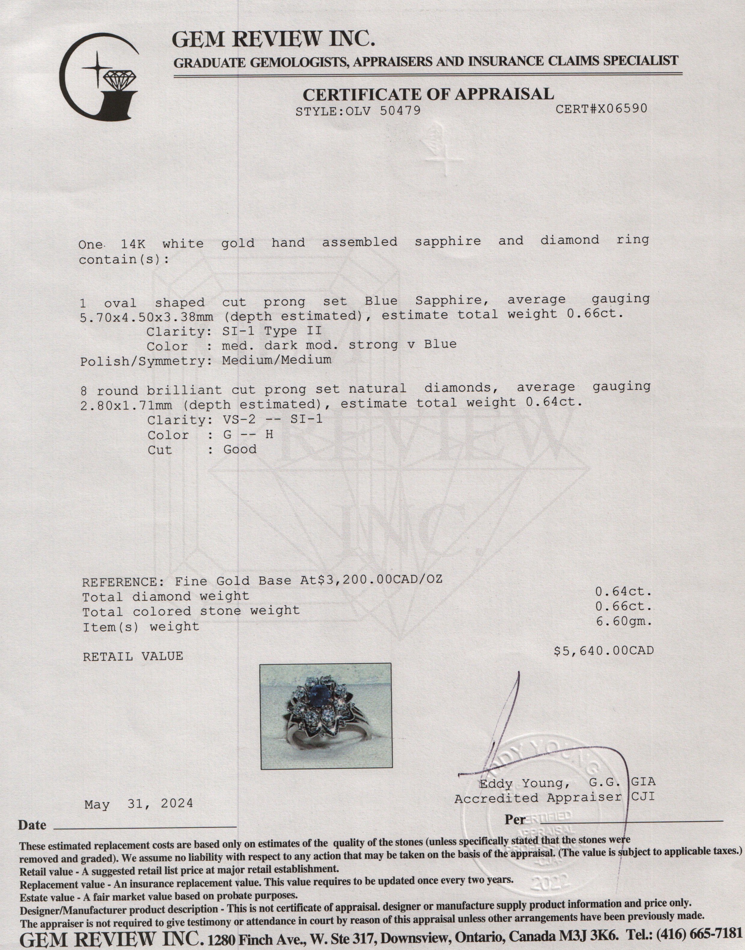 14k White Gold Blue Sapphire & Diamond Cocktail Ring, Size 7.75