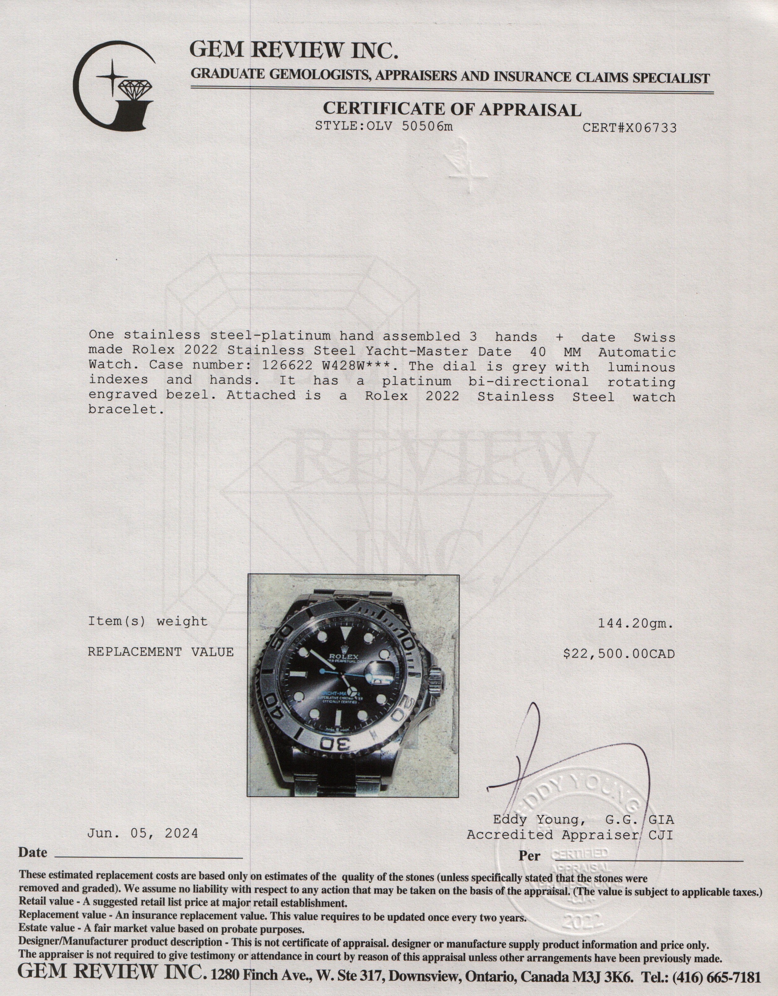 Rolex 2022 Stainless Steel Yacht-Master Date 40 MM Automatic Watch 126622 w/ Papers