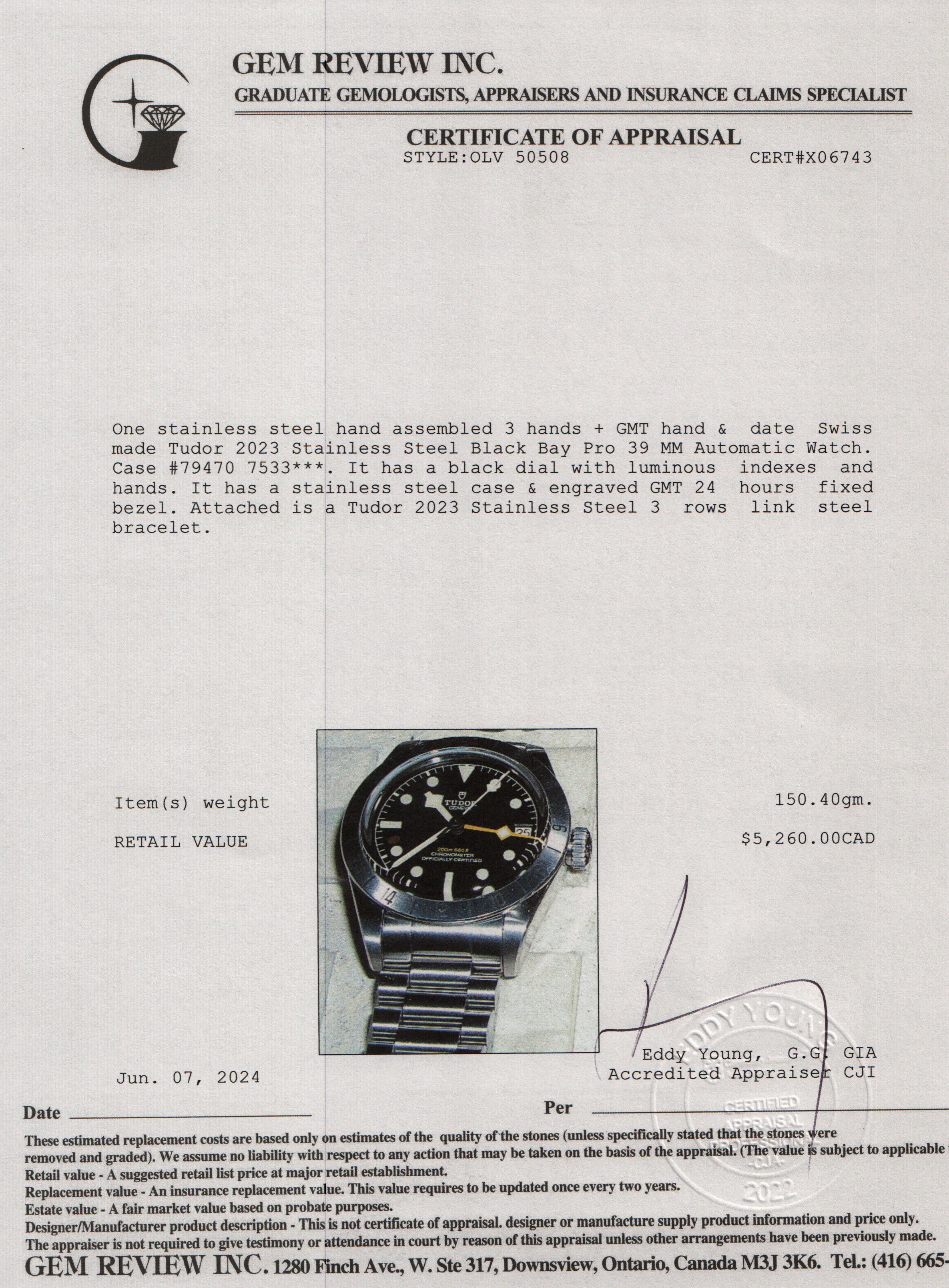 Tudor 2023 Stainless Steel Black Bay Pro 39 MM Automatic Watch w/ Box & Papers