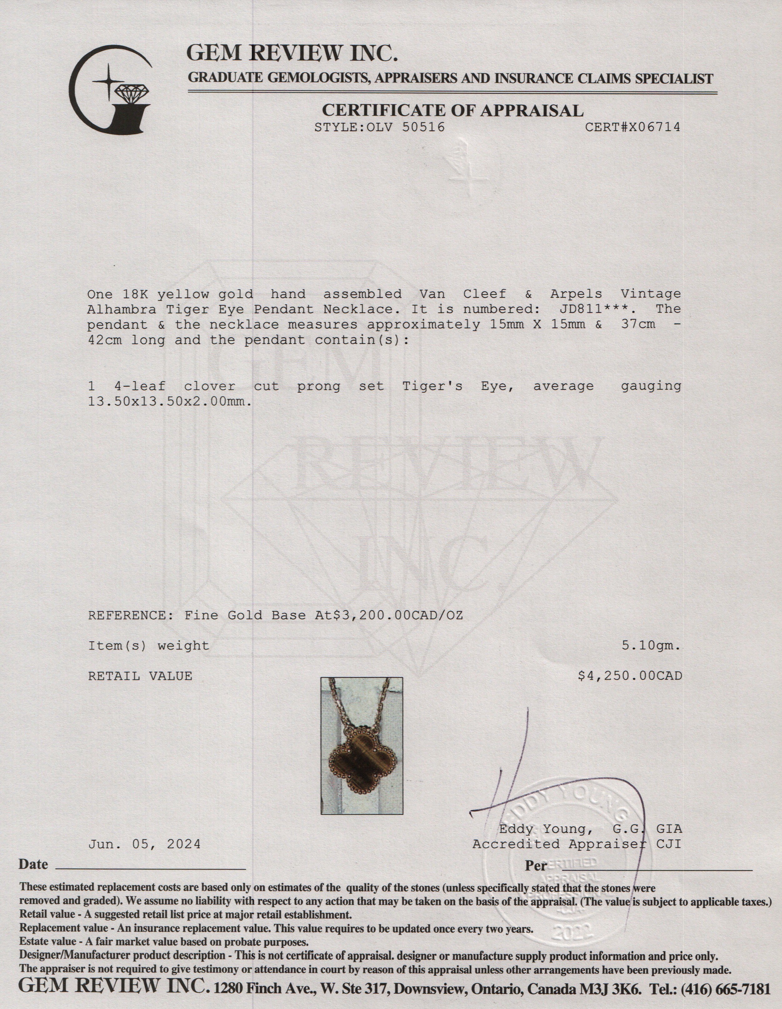 Van Cleef & Arpels 18k Yellow Gold Vintage Alhambra Tiger Eye Pendant Necklace w/ Box, Receipt & Certificate