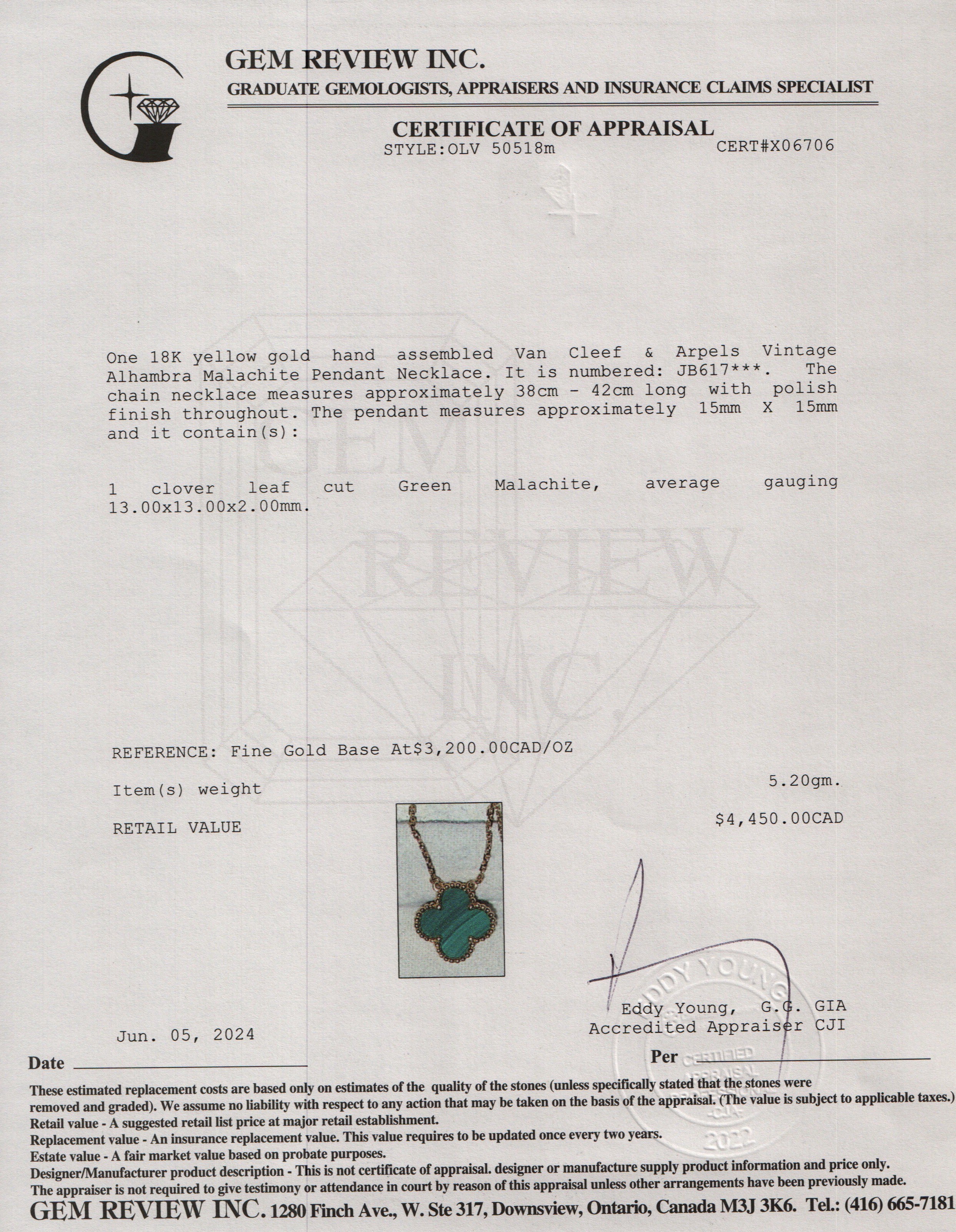 Van Cleef & Arpels 18k Yellow Gold Vintage Alhambra Malachite Pendant Necklace w/ Box & Certificate