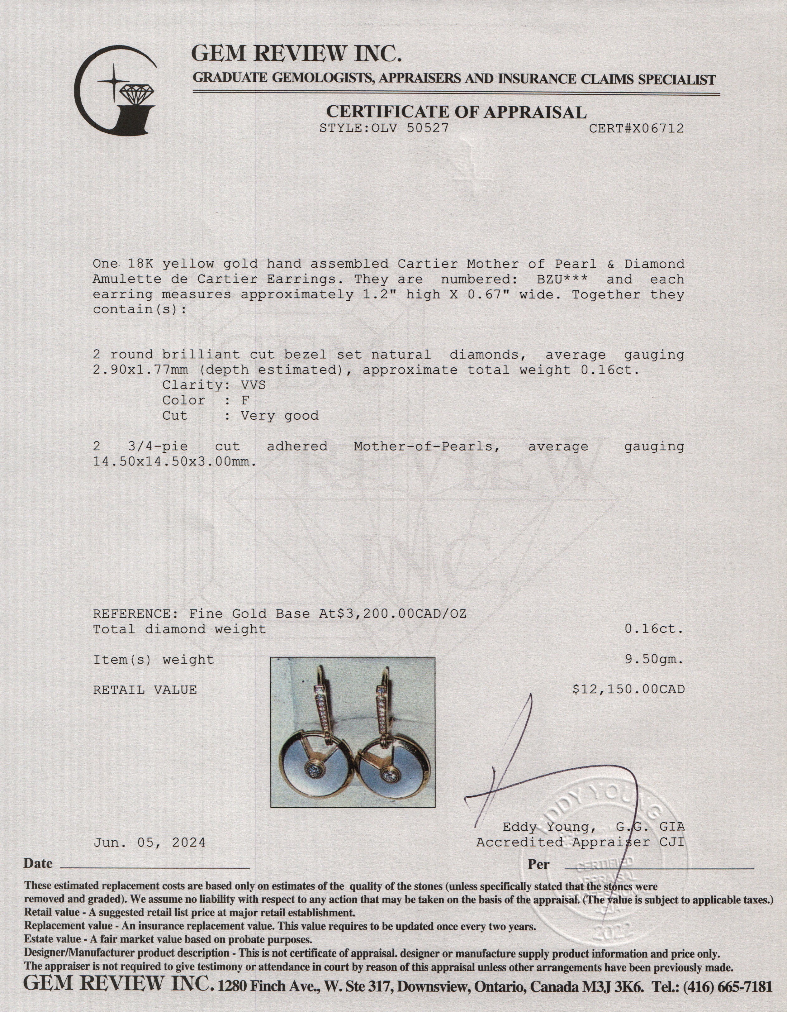 Cartier 18k Yellow Gold Mother of Pearl & Diamond Amulette de Cartier Earrings