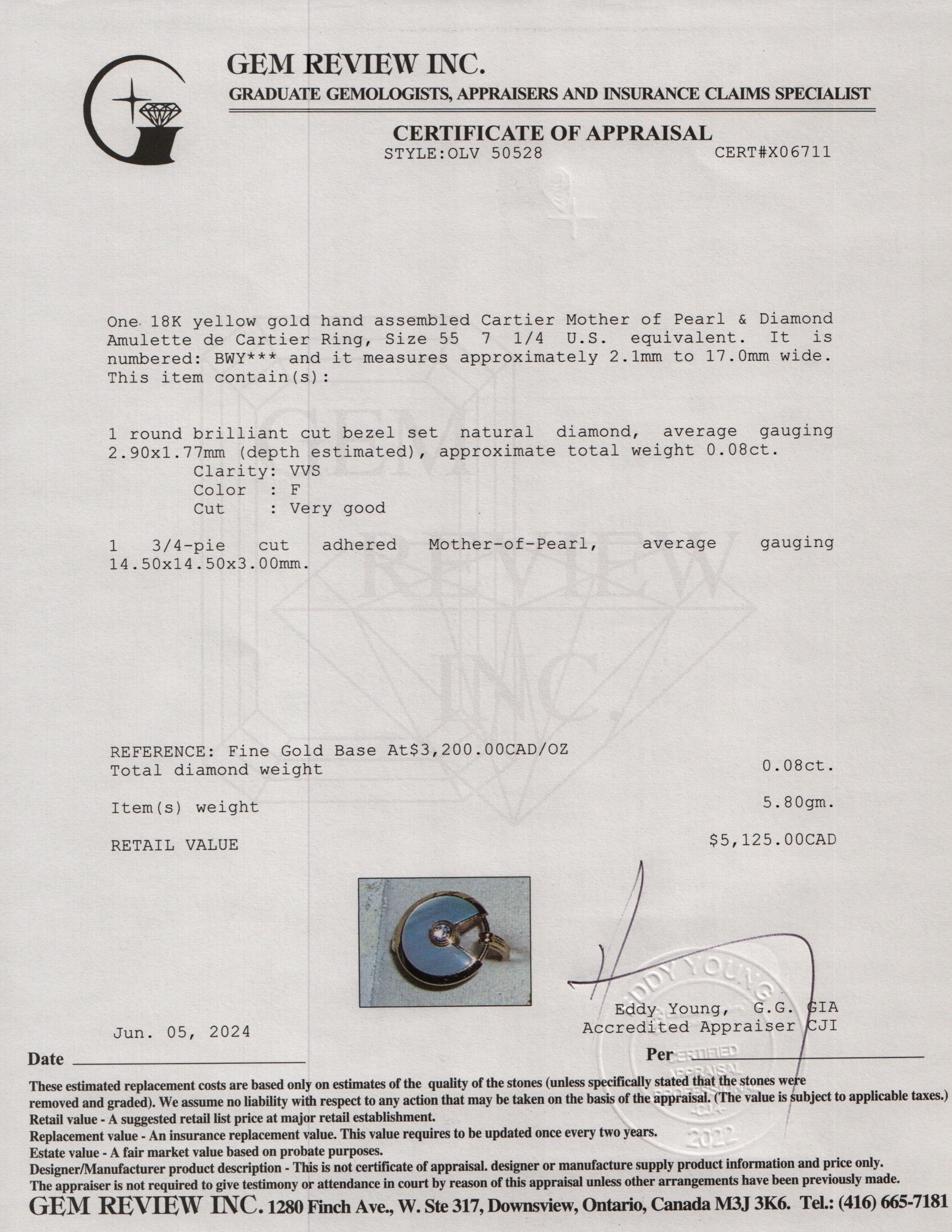 Cartier 18k Yellow Gold Mother of Pearl & Diamond Amulette de Cartier Ring, Size 55 7 1/4