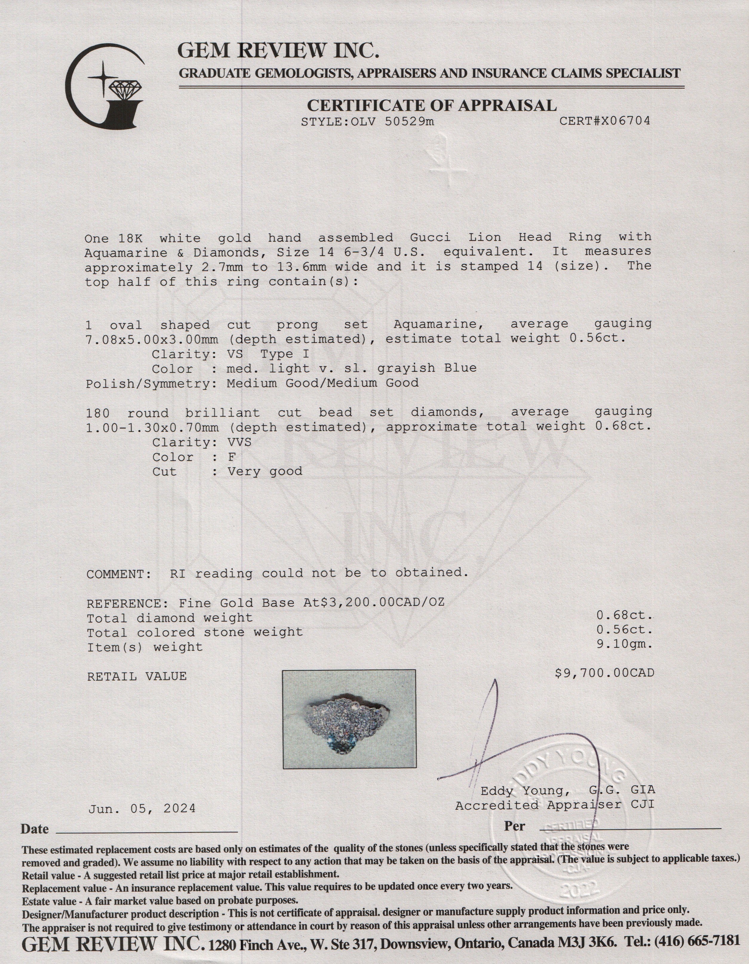 Gucci 18k White Gold Lion Head Ring with Aquamarine & Diamonds, Size 14 6/34 w/ Box