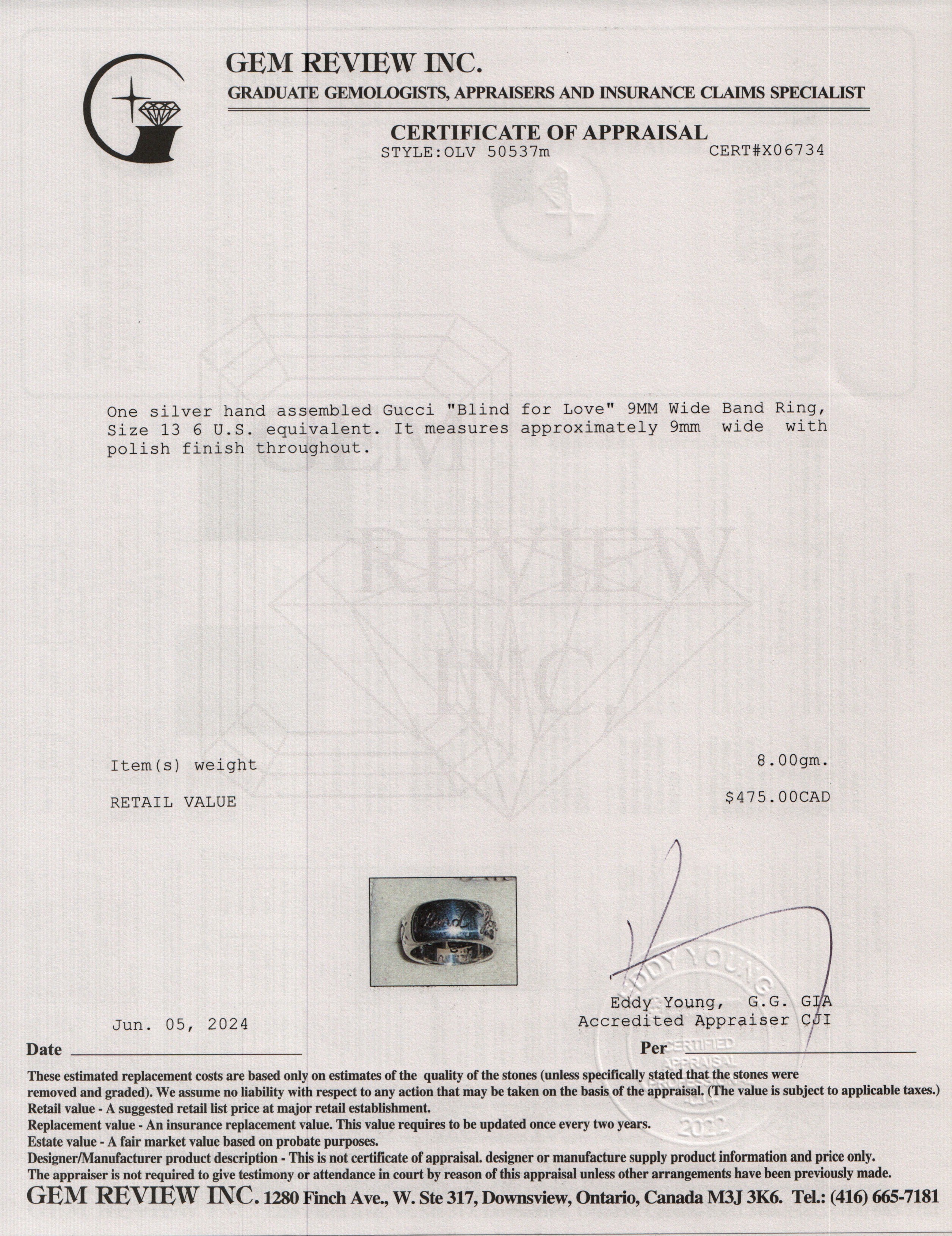 Gucci "Blind for Love" 9MM Wide Band Ring, Size 13 6