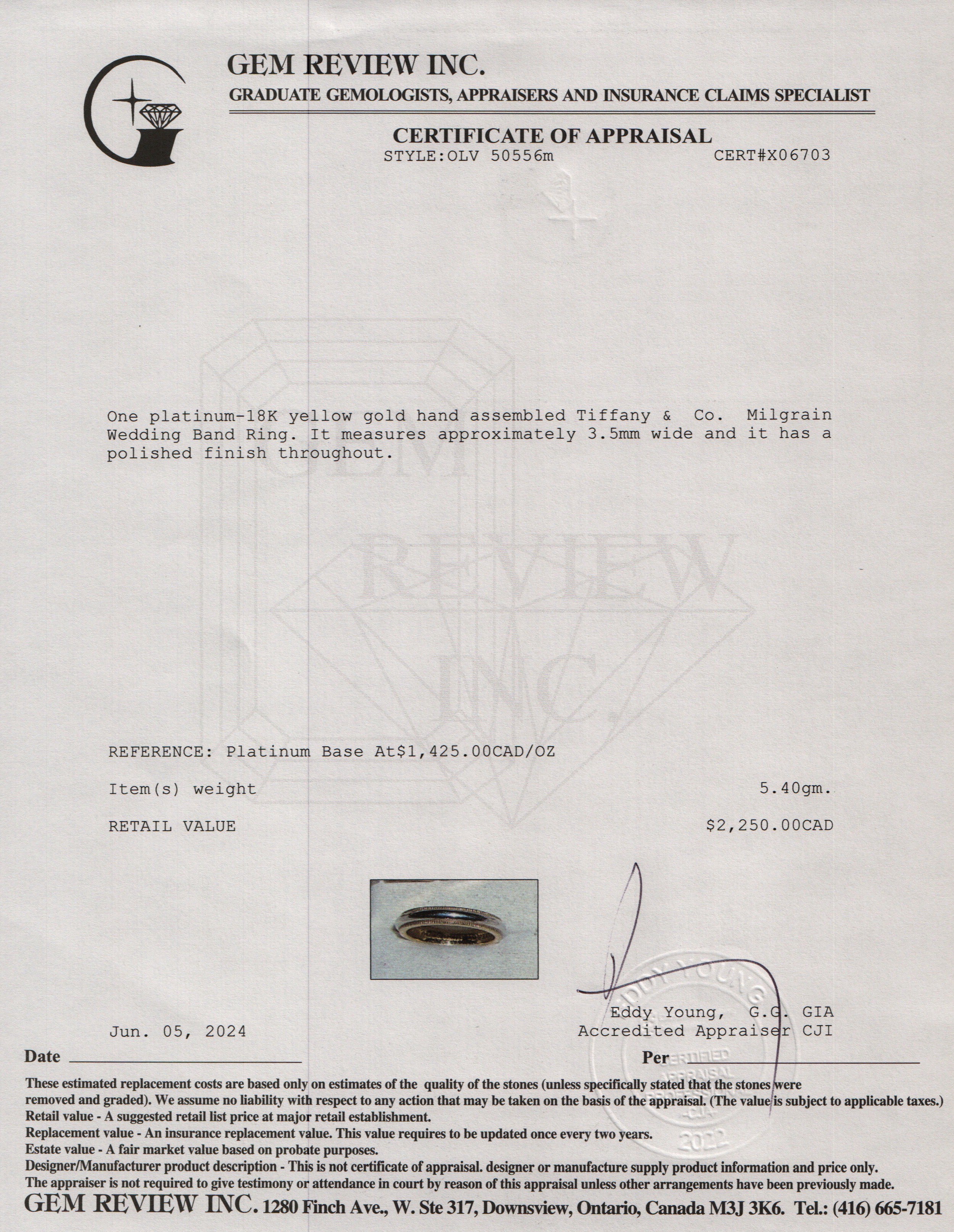 Tiffany & Co. Platinum & 18k Yellow Gold 3.5MM Milgrain Wedding Band Ring, Size 6