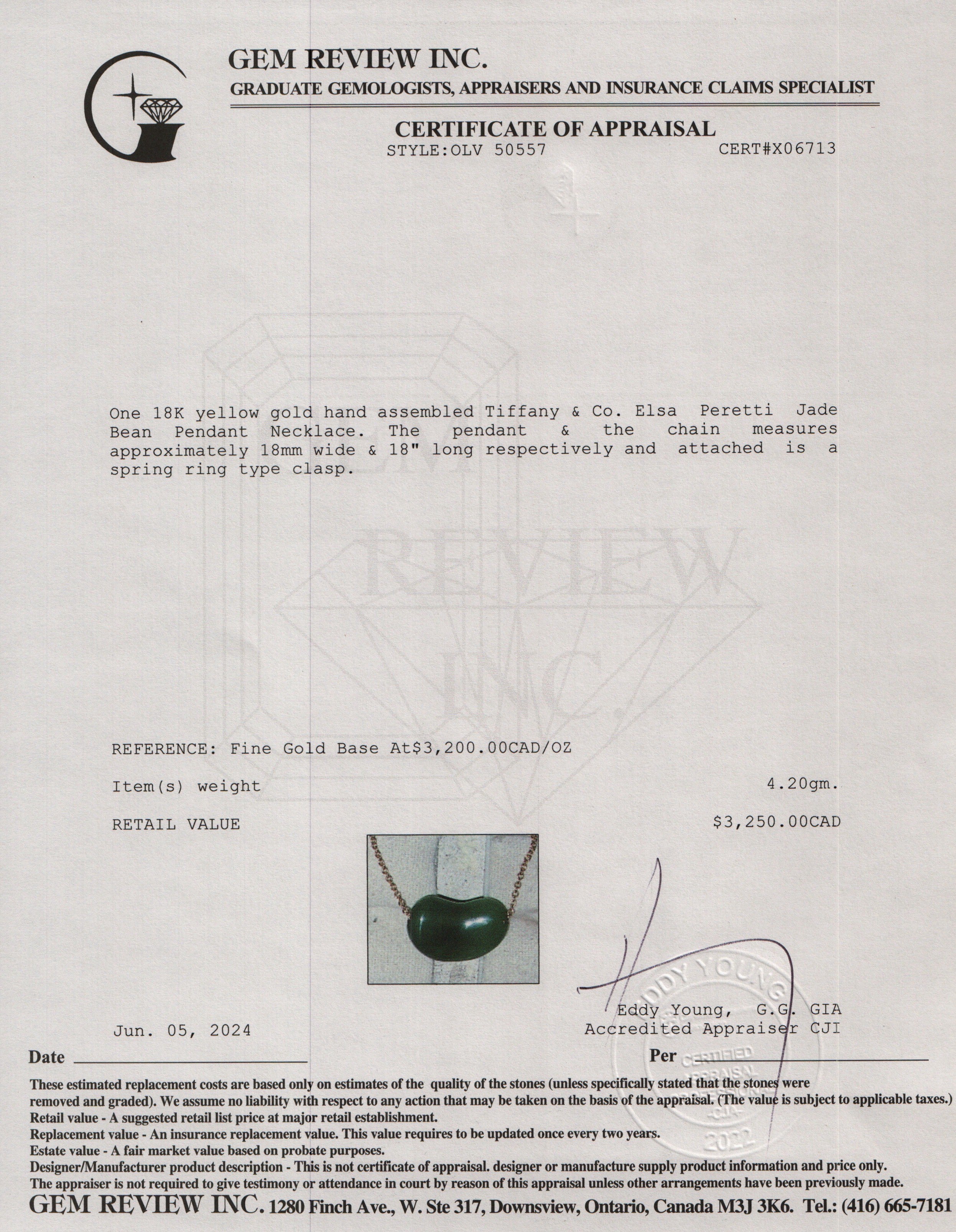 Tiffany & Co. Elsa Peretti 18k Yellow Gold 18 MM Jade Bean Pendant Necklace w/ Box