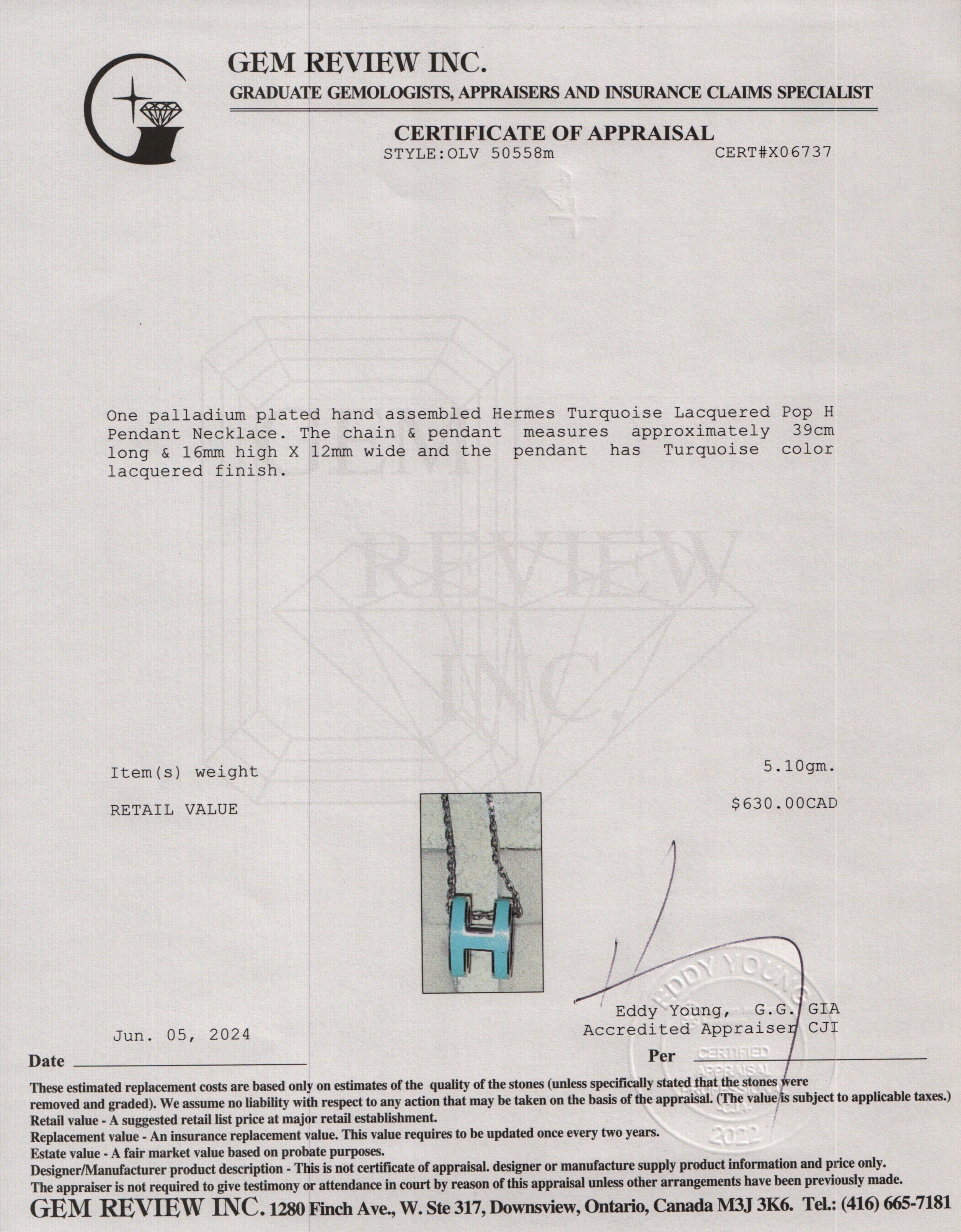 Hermes Palladium-Plated Turquoise Lacquered Pop H Pendant Necklace