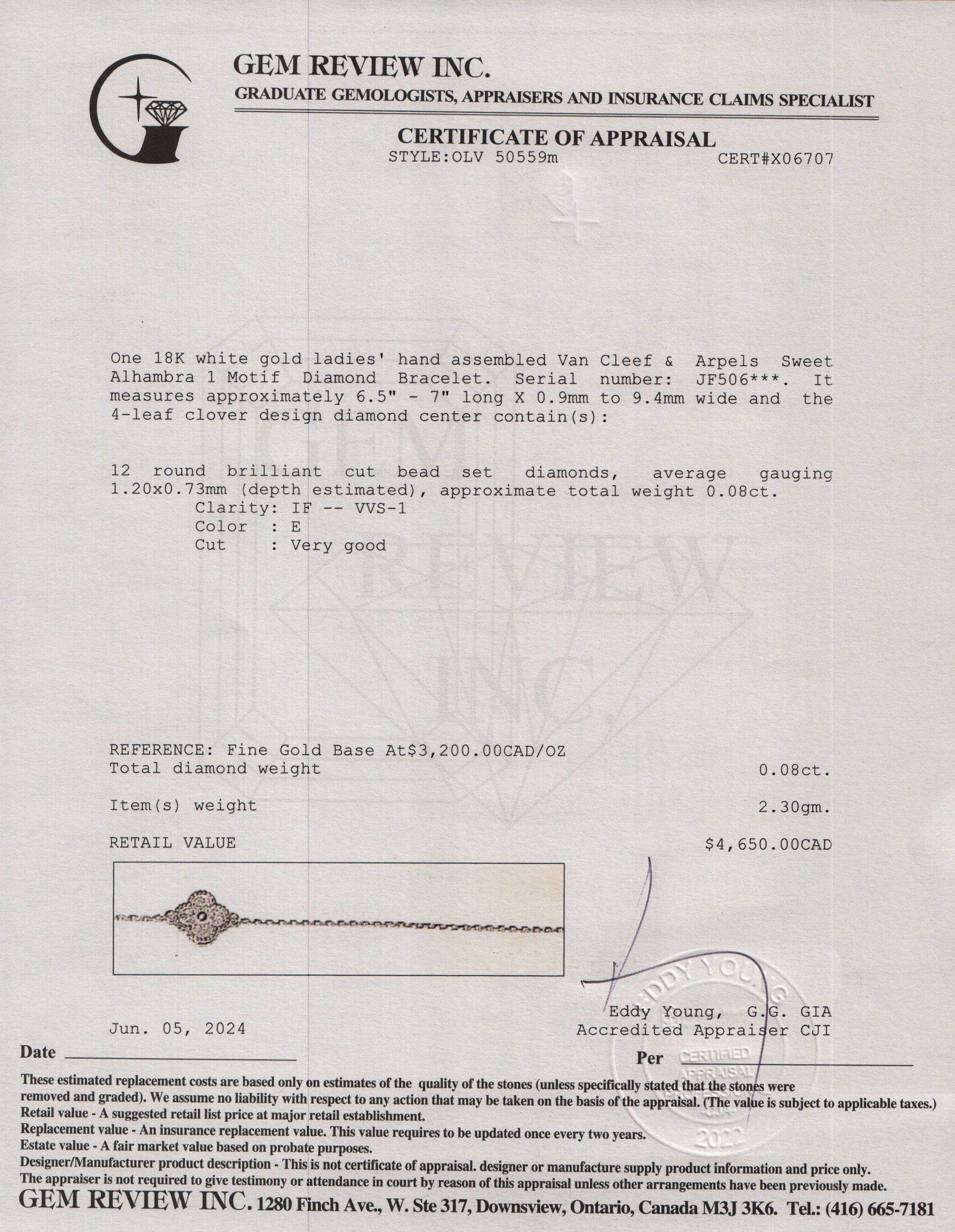 Van Cleef & Arpels 18k White Gold Sweet Alhambra 1 Motif Diamond Bracelet w/ Box & Receipt