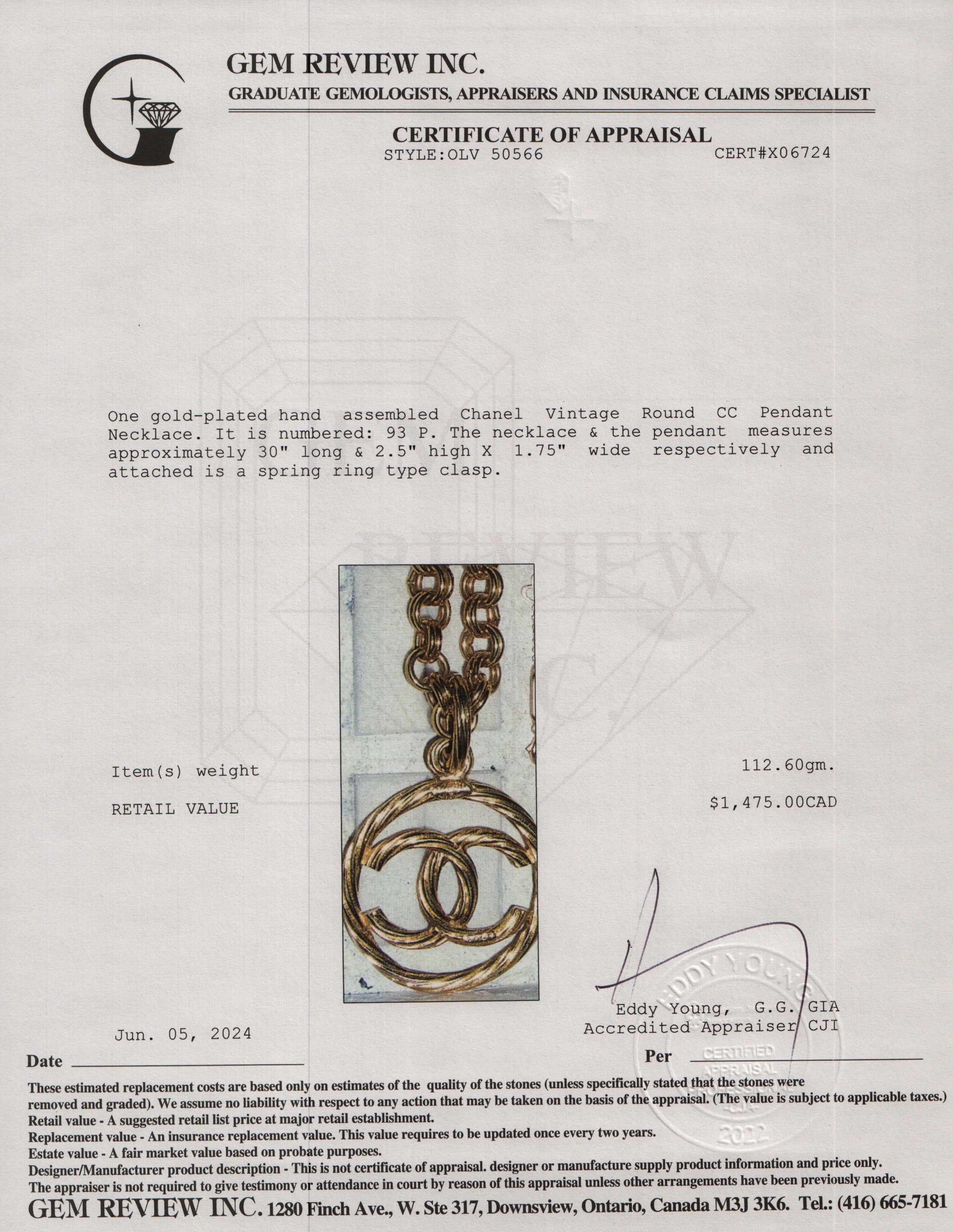 Chanel Vintage Gold-Plated Round CC Pendant Necklace w/ Box