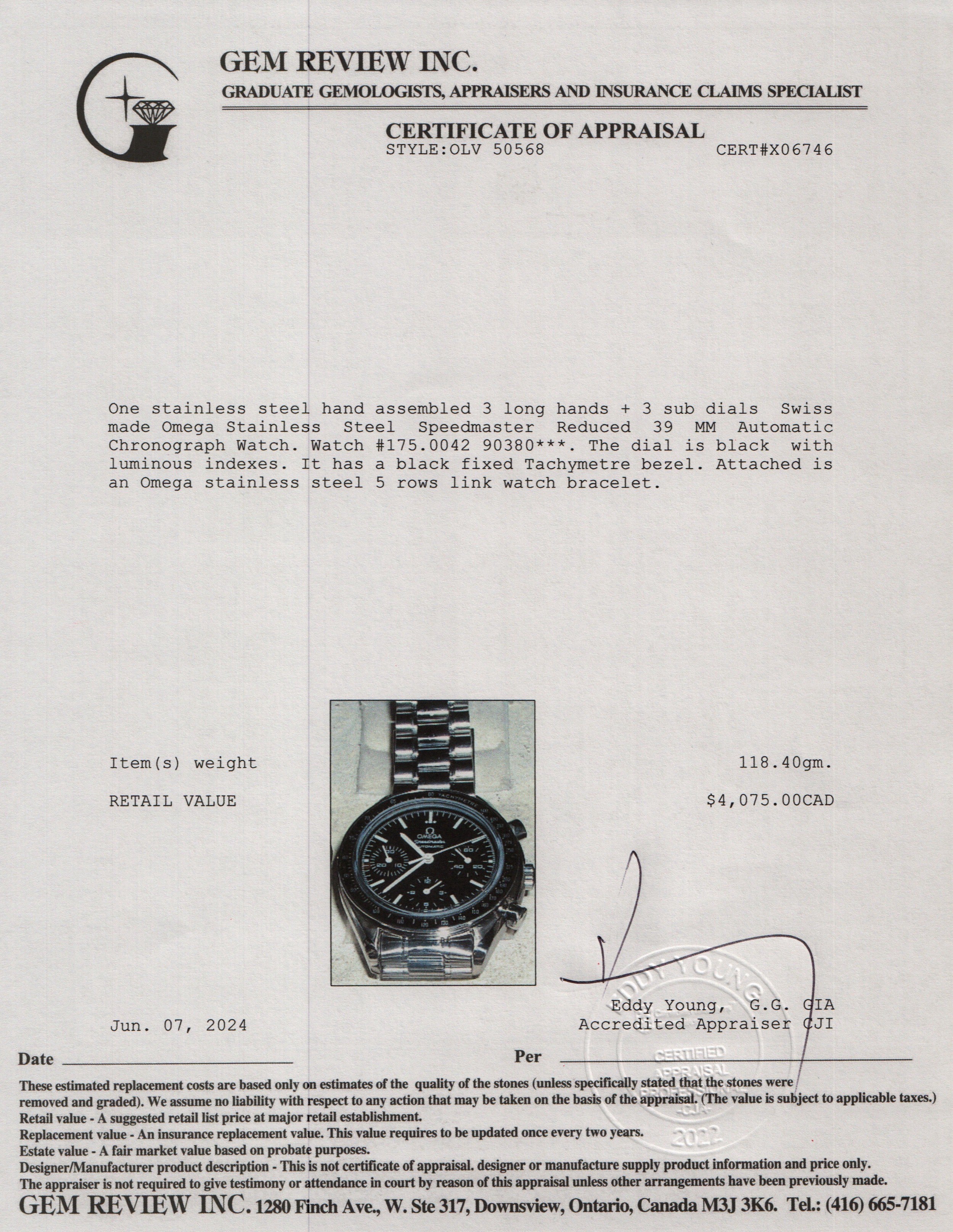 Omega Stainless Steel Speedmaster Reduced 39 MM Automatic Chronograph Watch w/ Box & Papers