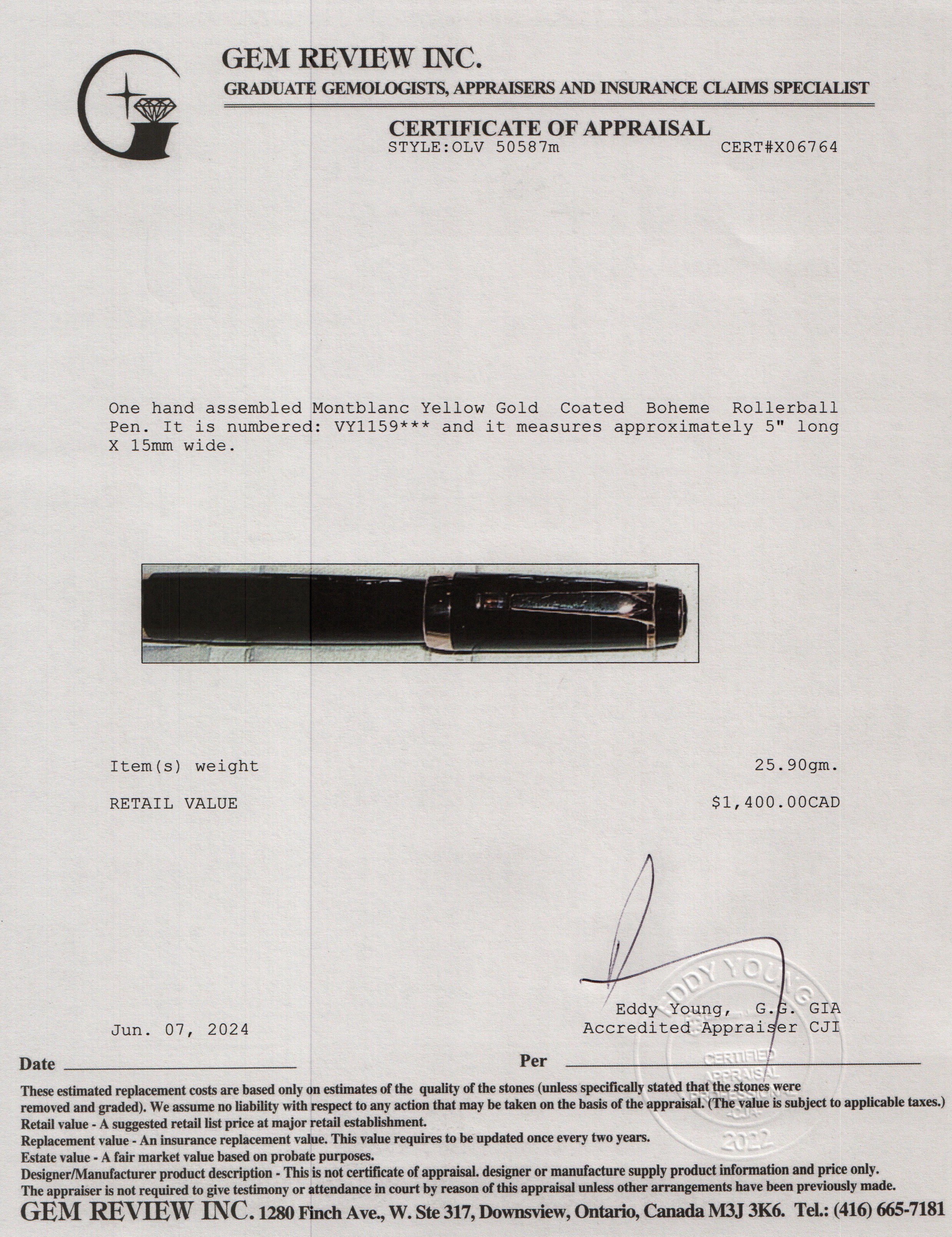 Montblanc Yellow Gold Coated Boheme Rollerball Pen w/ Box