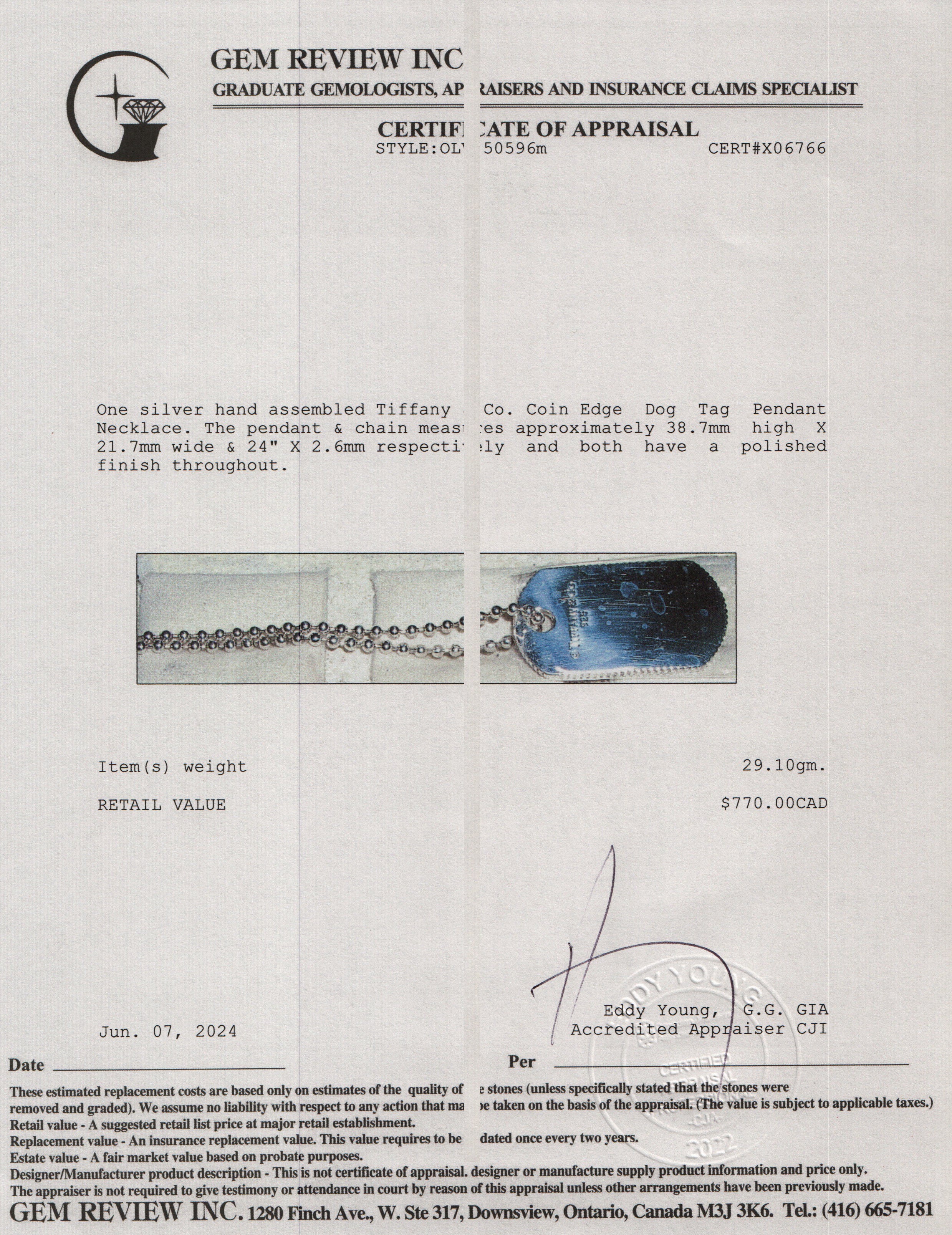 Tiffany & Co. Sterling Silver Coin Edge Dog Tag Pendant Necklace