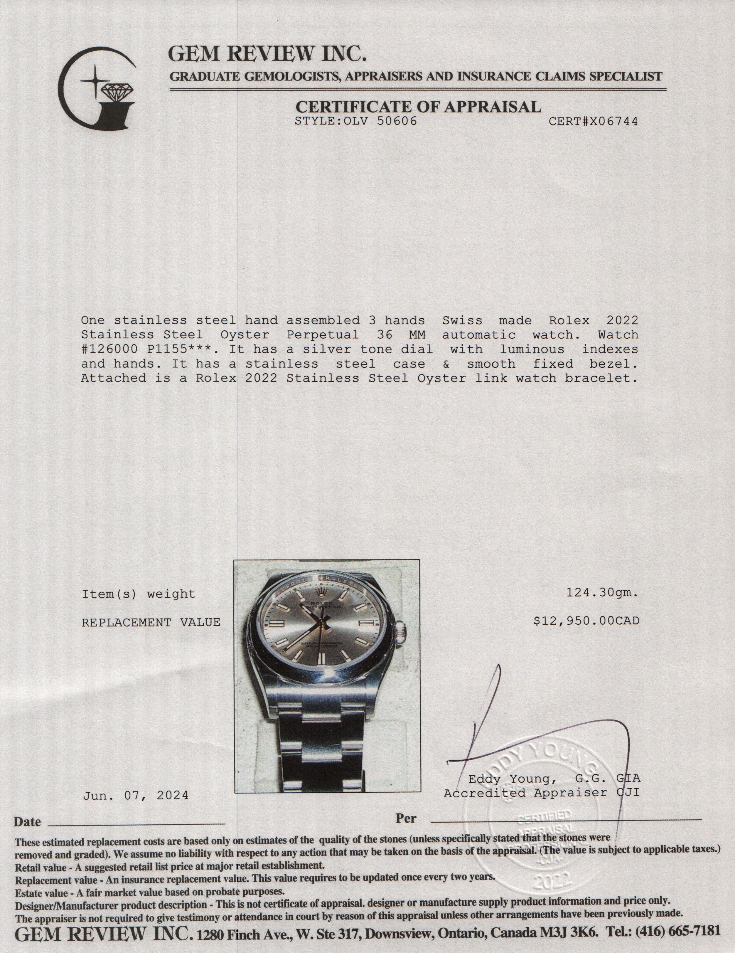 Rolex 2022 Stainless Steel Oyster Perpetual 36 MM Watch 126000 w/ Box & Papers