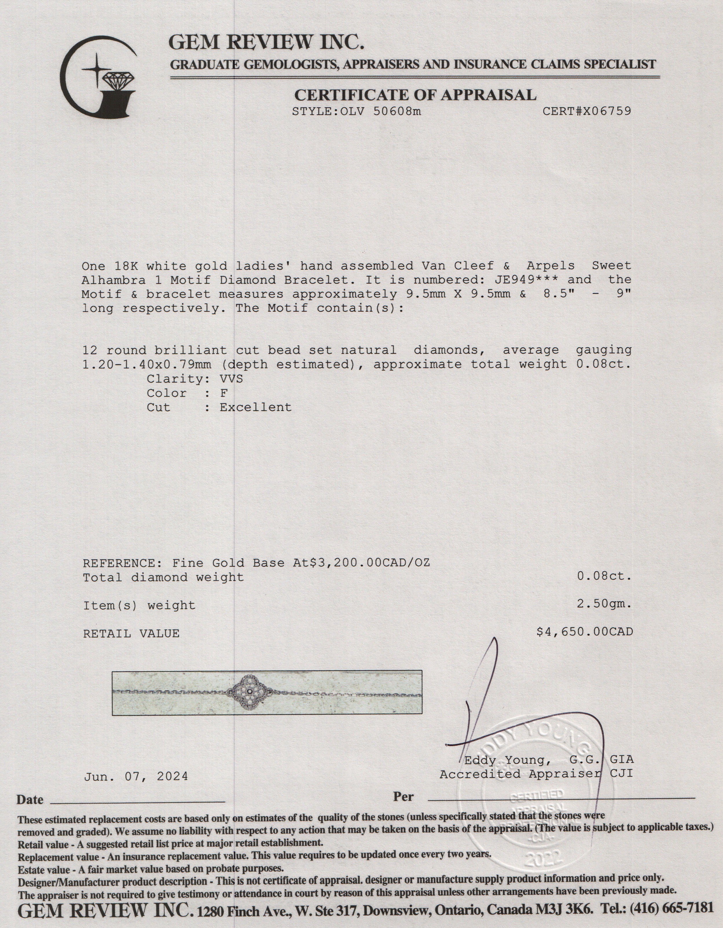 Van Cleef & Arpels 18k White Gold Sweet Alhambra 1 Motif Diamond Bracelet w/ Pouch, Receipt & Certificate