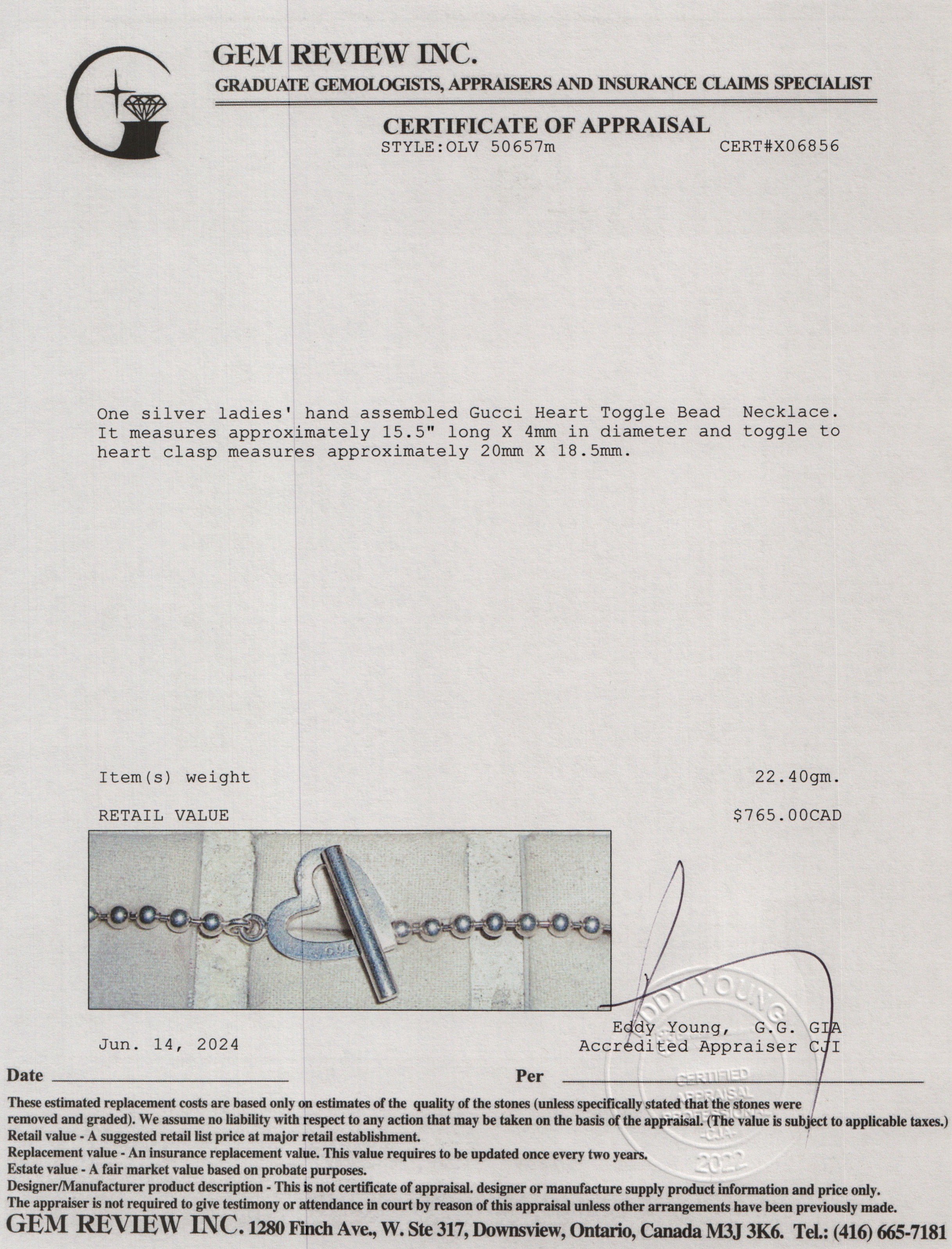 Gucci Sterling Silver Heart Toggle Bead Necklace