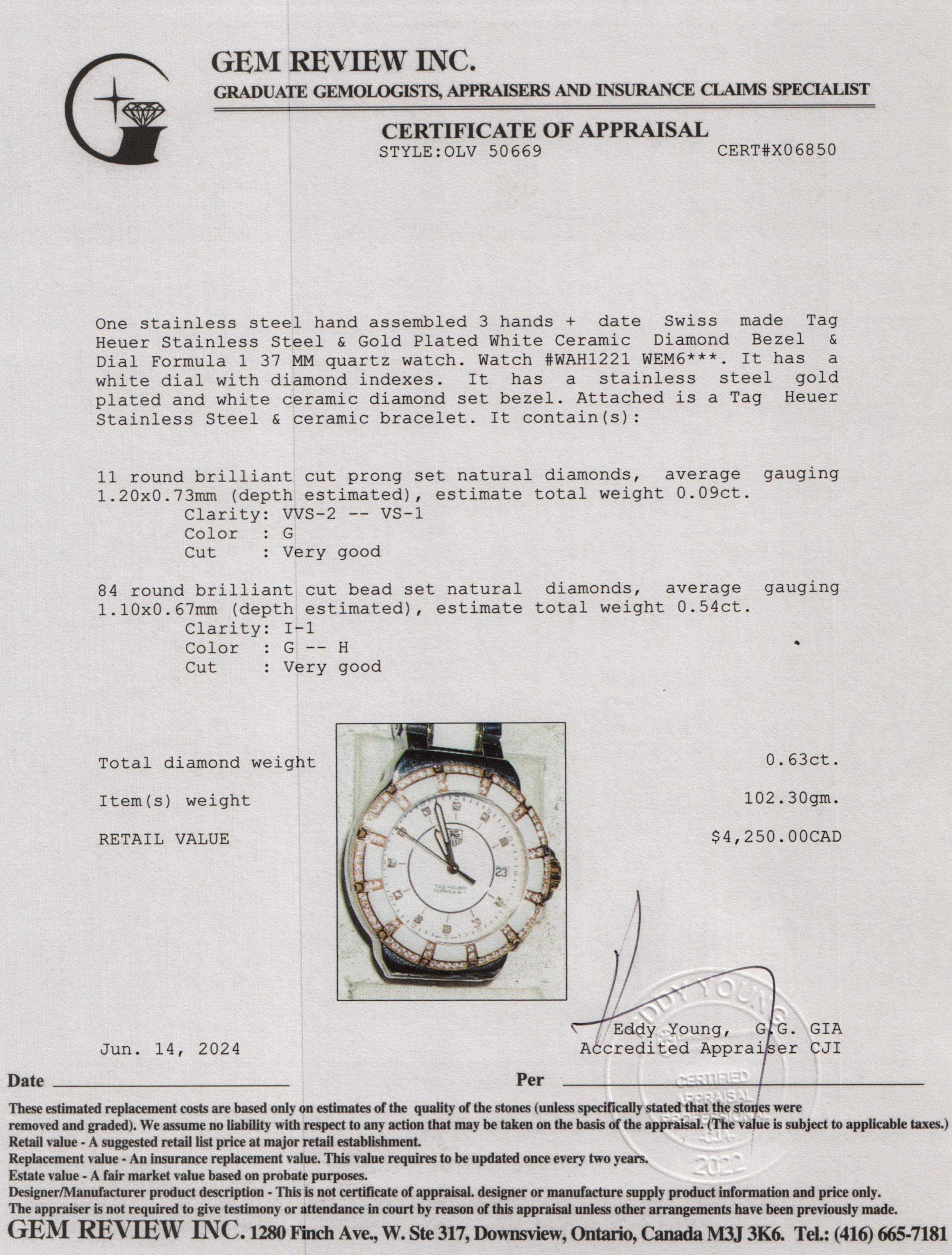 Tag Heuer Stainless Steel & Gold Plated White Ceramic Diamond Bezel & Dial Formula 1 37 MM Watch w/ Box & Papers