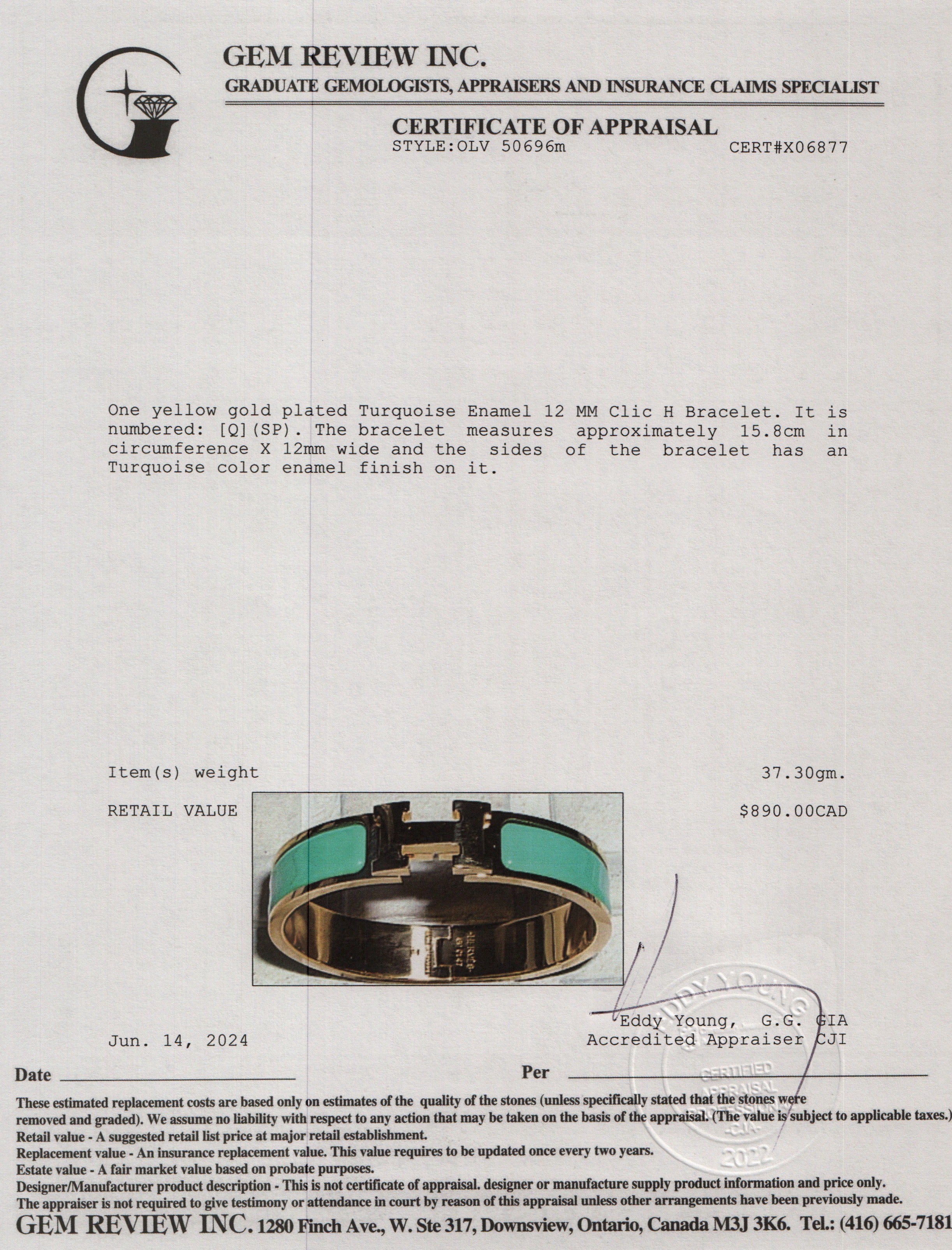 Hermes Gold Plated Turquoise Enamel 12 MM Clic H Bracelet