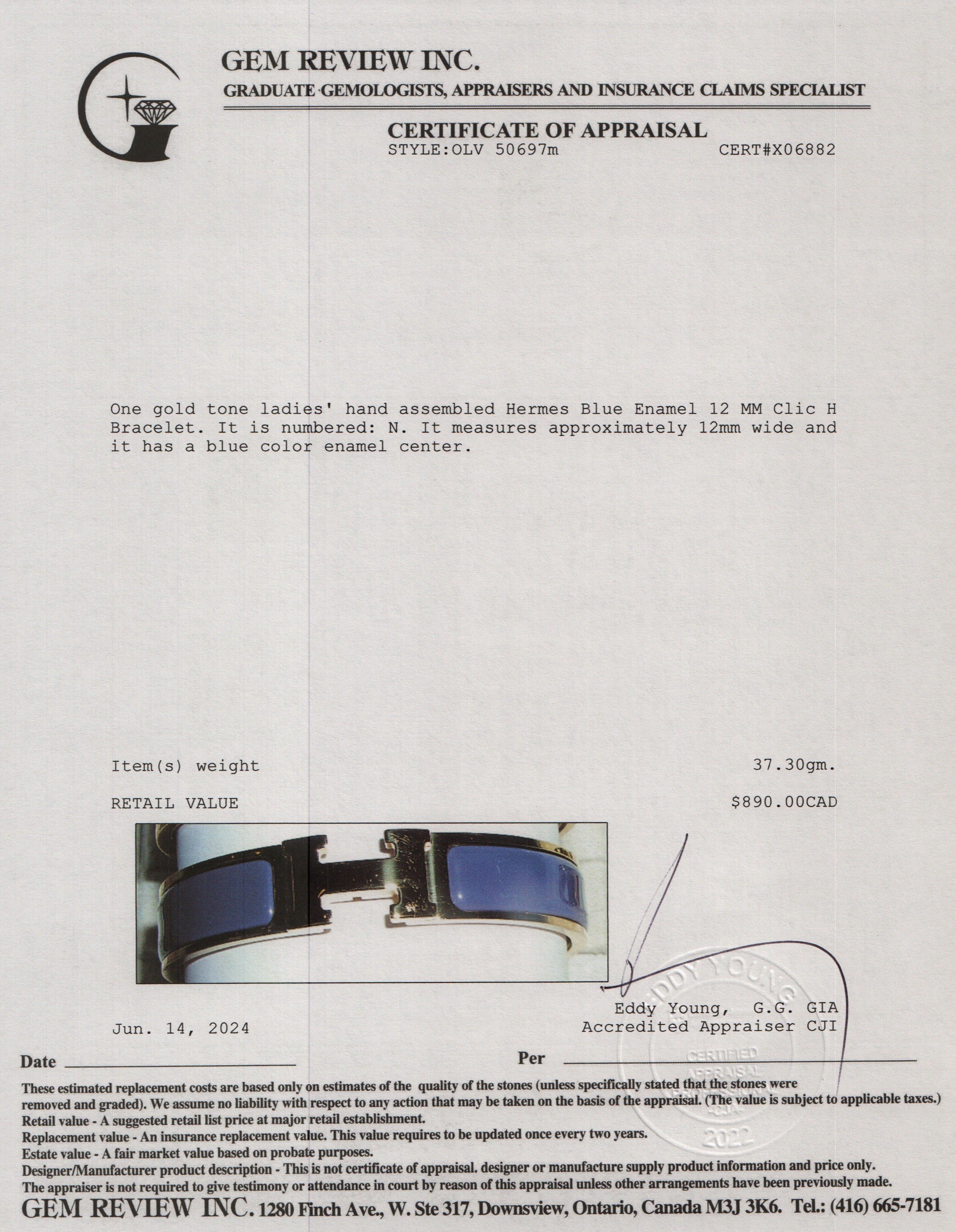 Hermes Gold Plated Blue Enamel 12 MM Clic H Bracelet