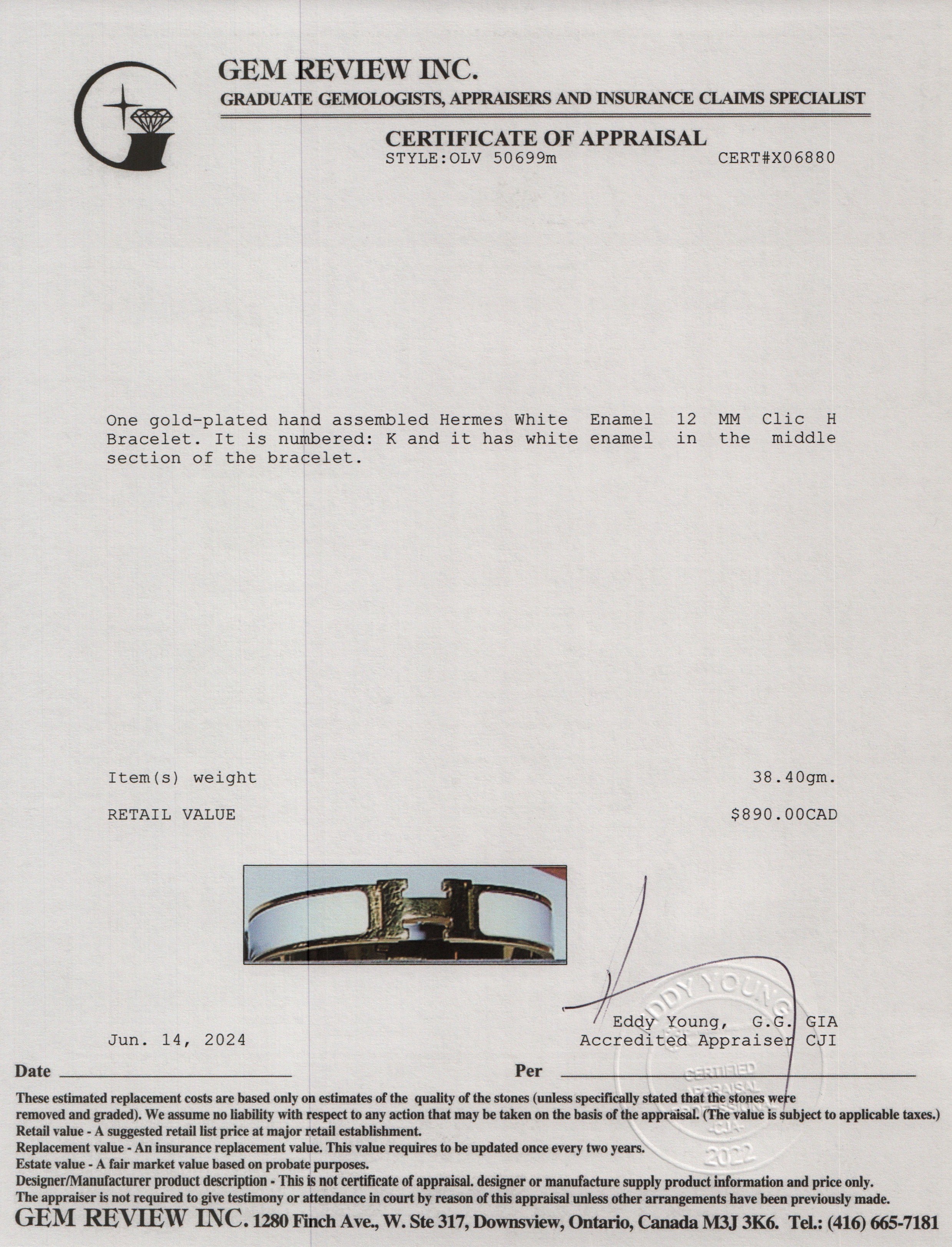 Hermes Gold Plated White Enamel 12 MM Clic H Bracelet