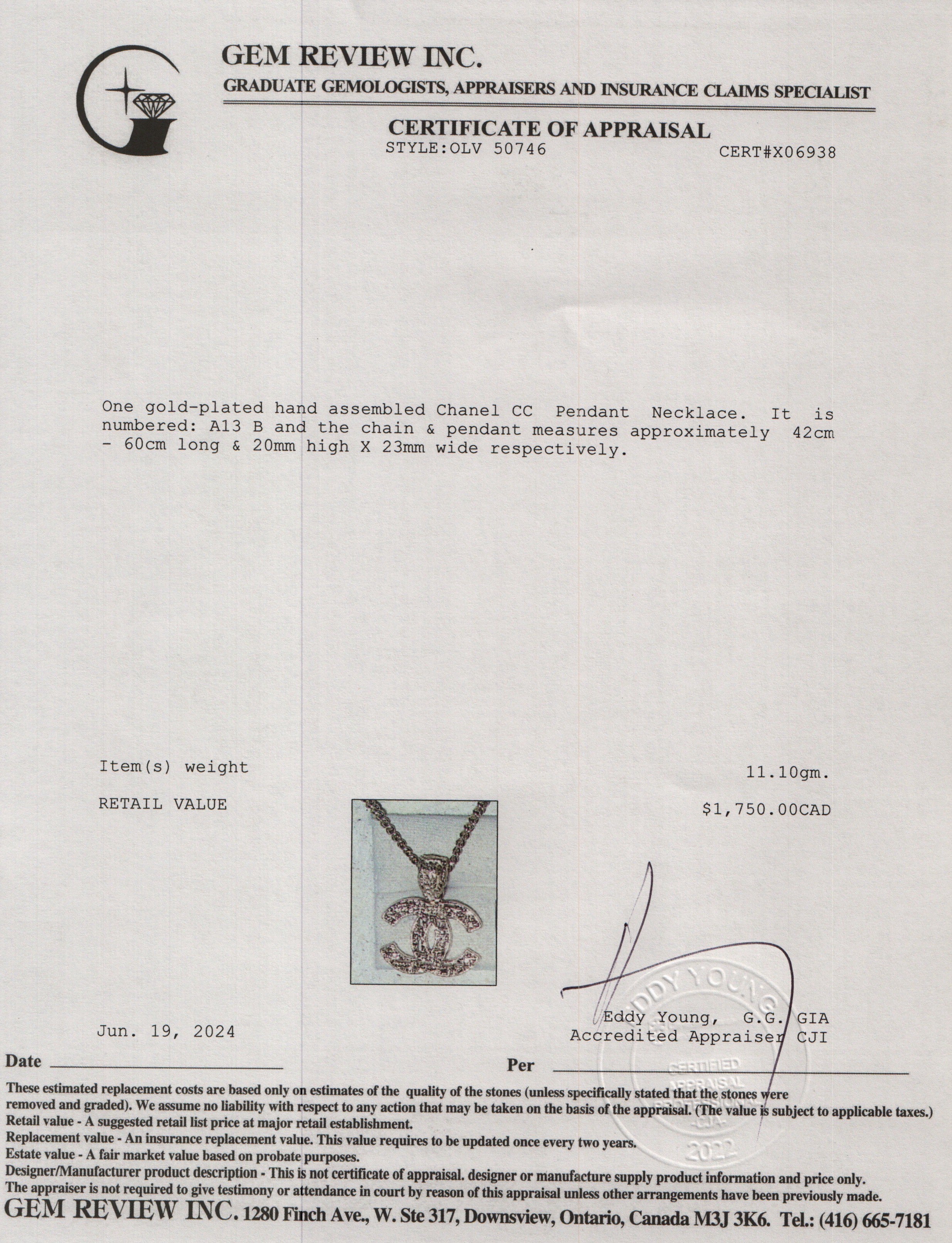 Chanel Gold-Plated Metal CC Pendant Necklace w/ Box