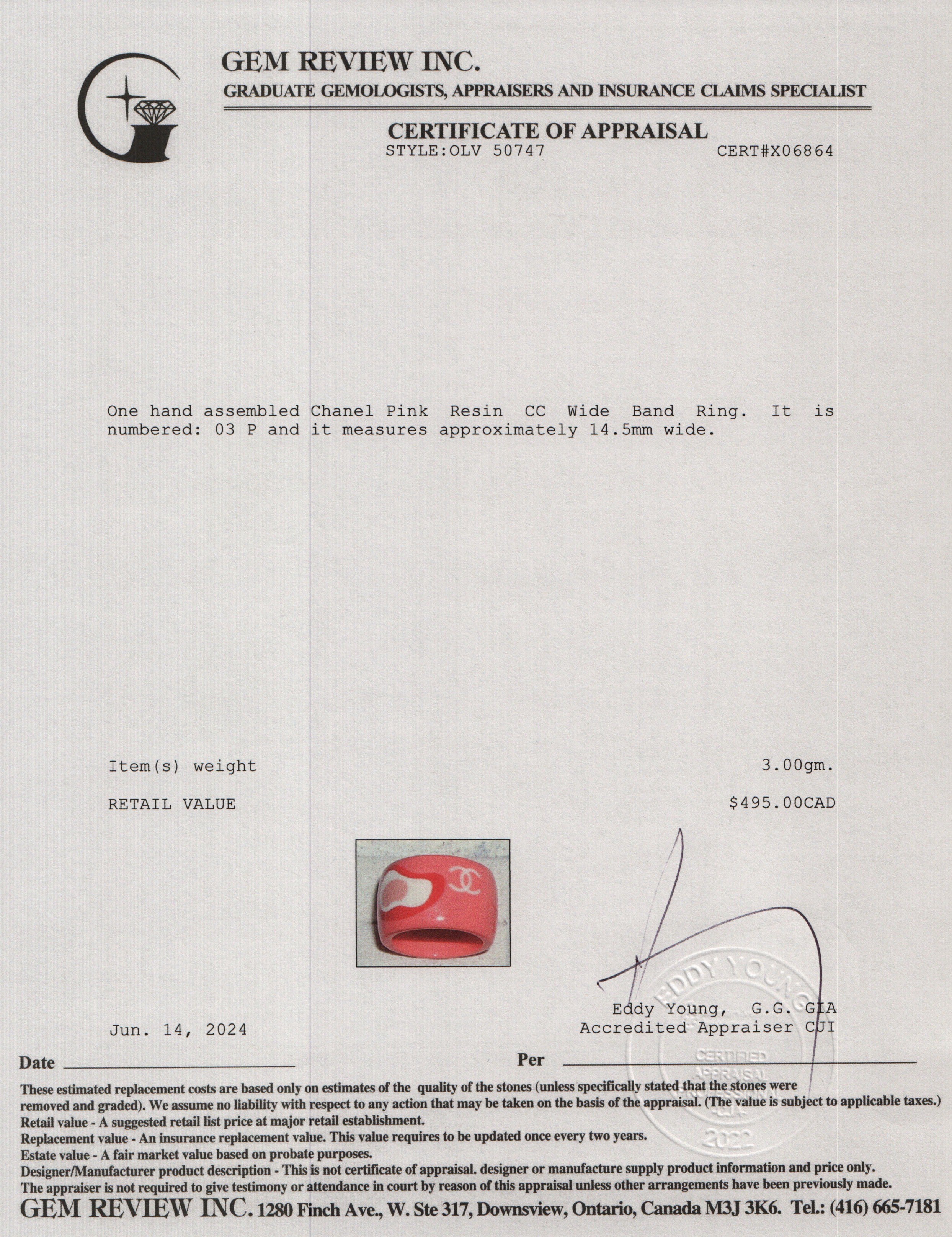 Chanel Pink Resin CC Wide Band Ring, Size 7