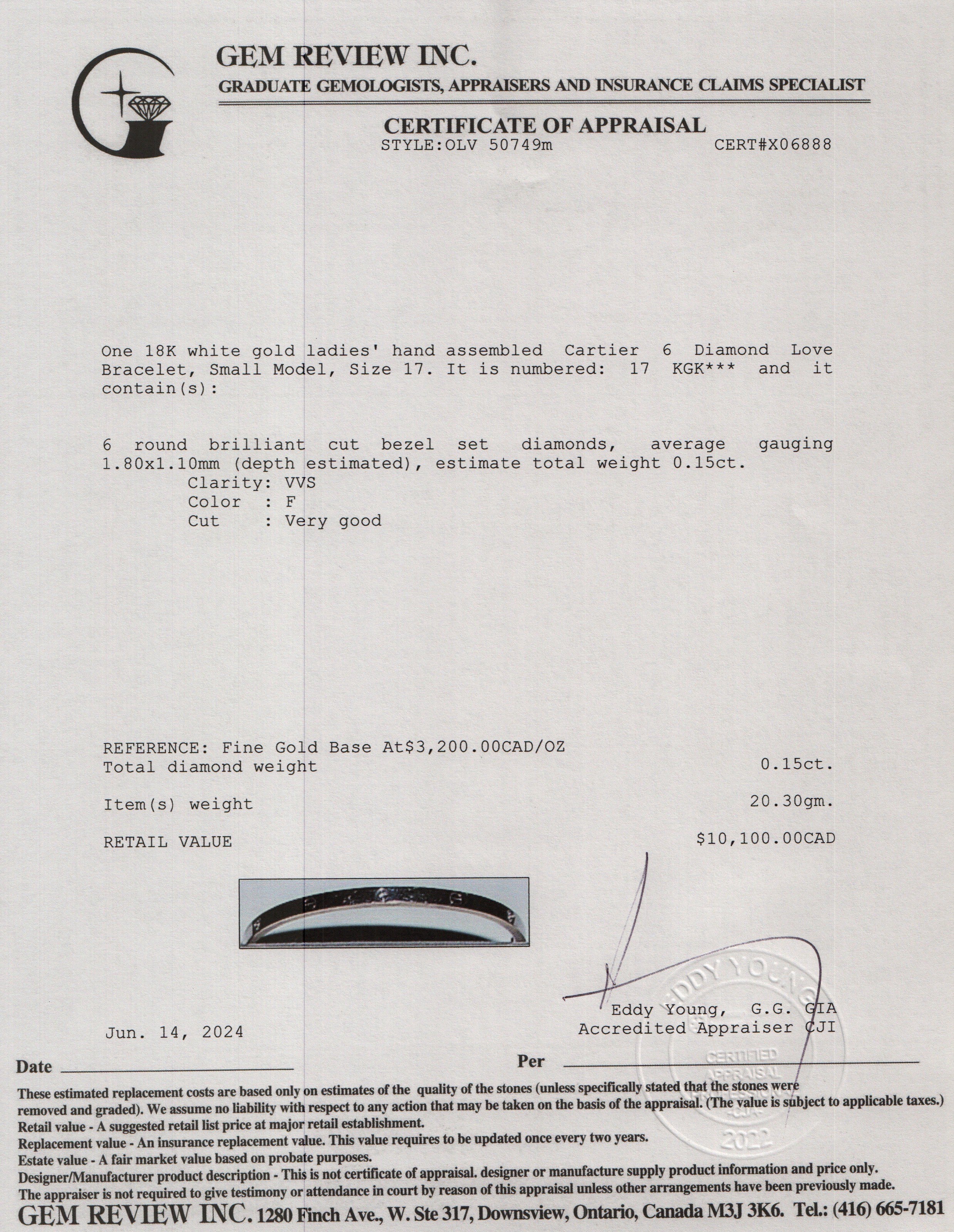 Cartier 18k White Gold 6 Diamond Love Bracelet, Small Model, Size 17 w/ Pouch