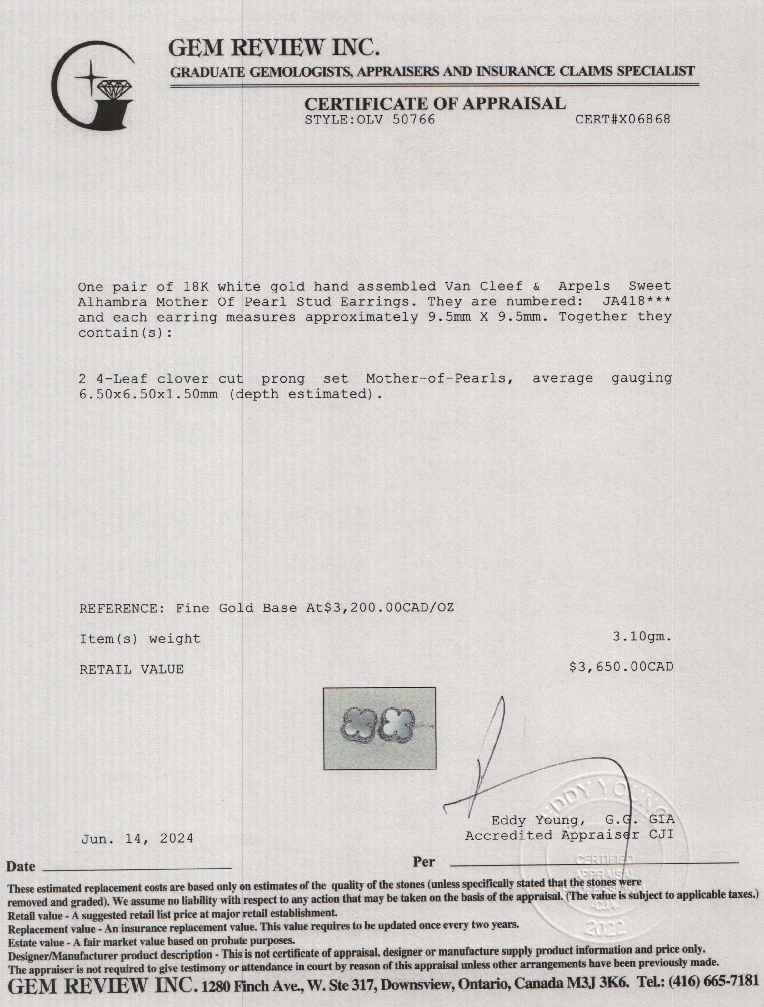 Van Cleef & Arpels 18k White Gold Sweet Alhambra Mother Of Pearl Stud Earrings w/ Box & Certificate