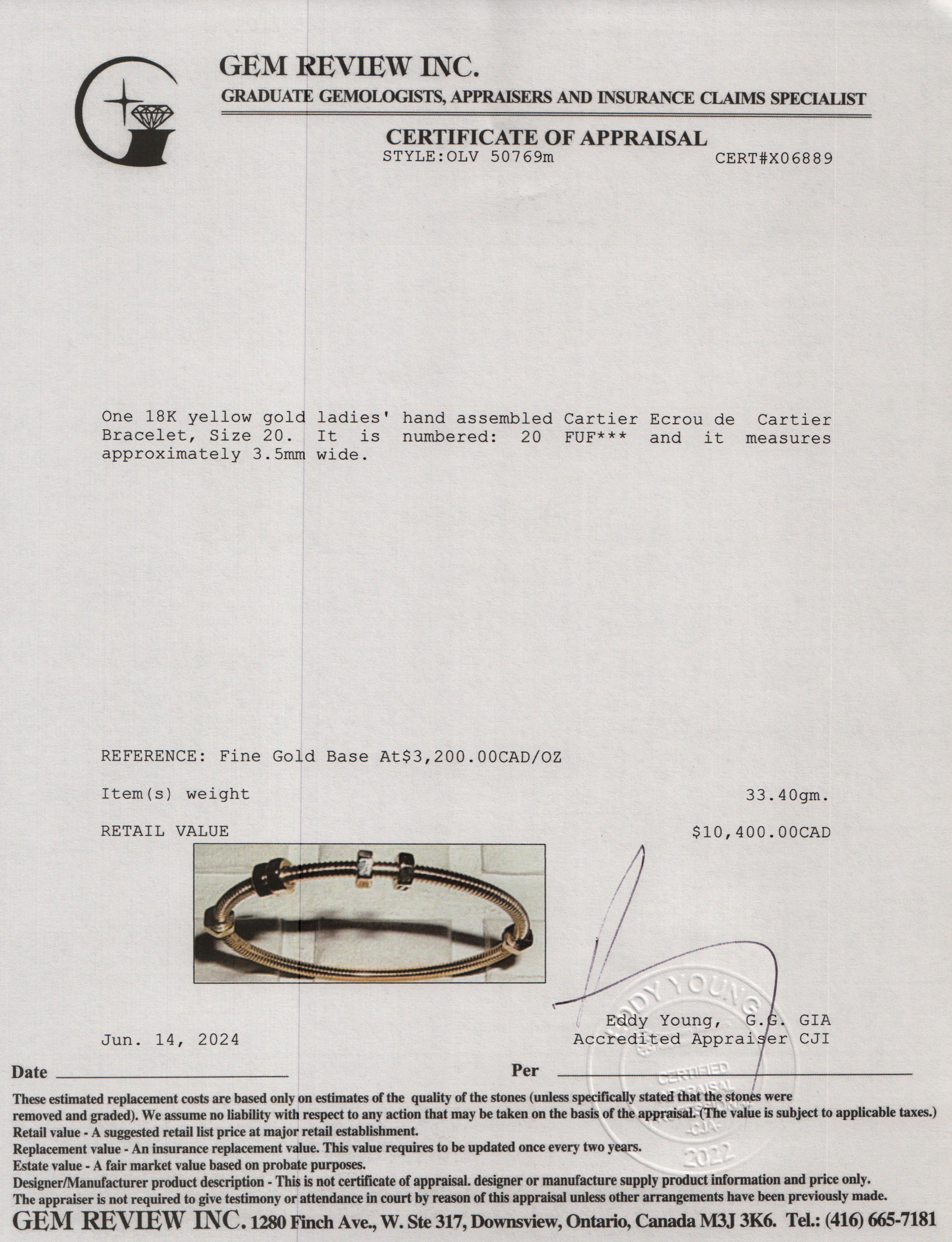 Cartier 18k Yellow Gold Ecrou de Cartier Bracelet, Size 20