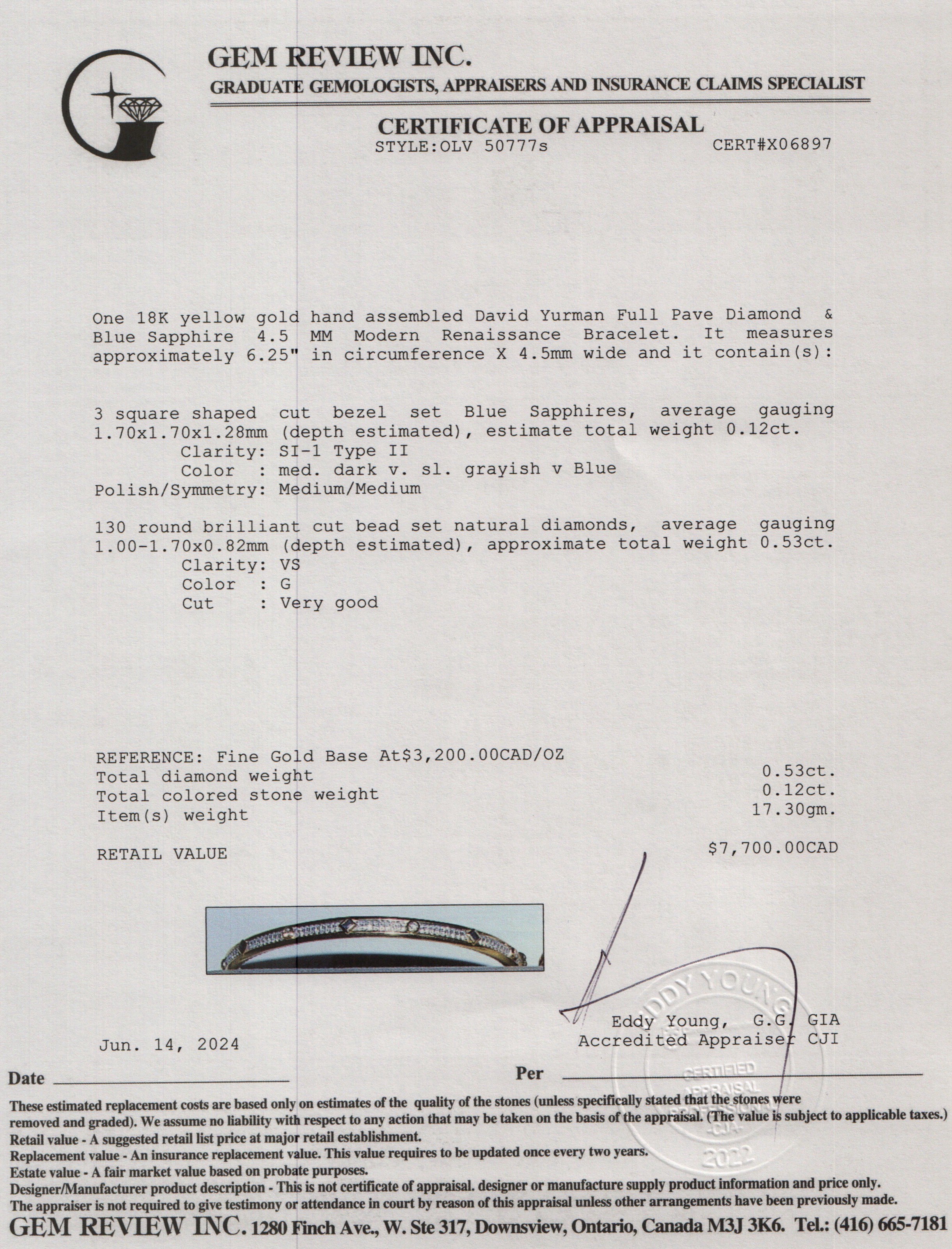 David Yurman 18k Yellow Gold Full Pave Diamond & Blue Sapphire 4.5 MM Modern Renaissance Bracelet w/ Box